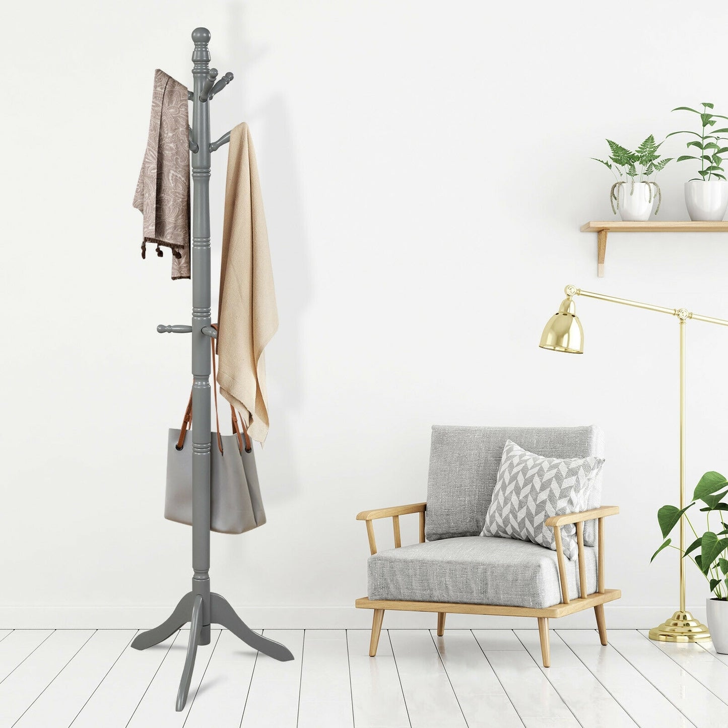 Adjustable Freestanding Wooden Coat Tree with 9 Hooks for Entryway or Bedroom - Grey
