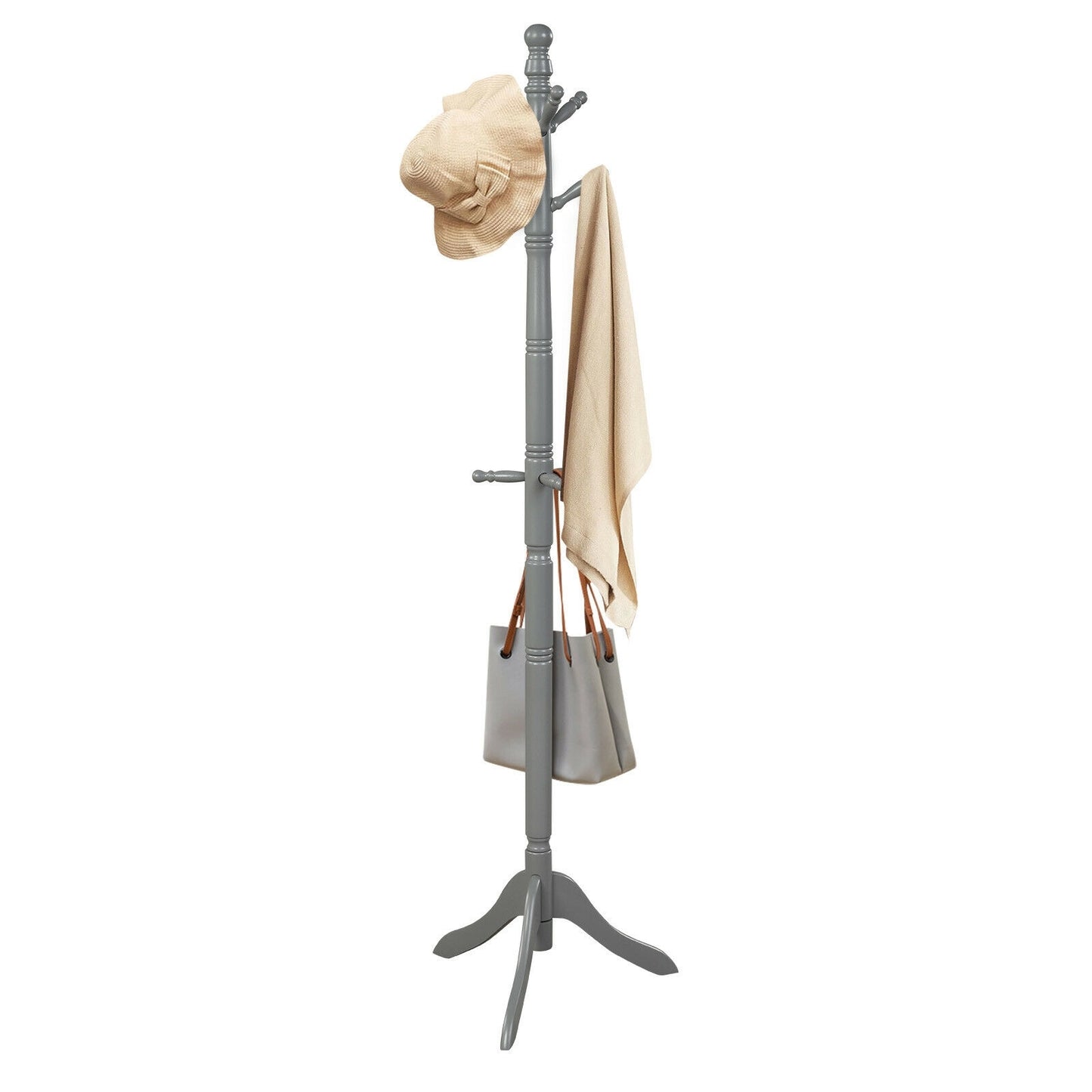 Adjustable Freestanding Wooden Coat Tree with 9 Hooks for Entryway or Bedroom - Grey