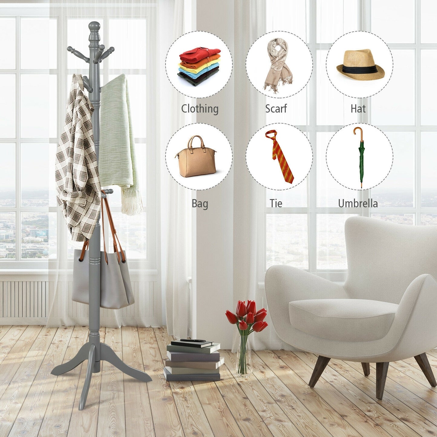 Adjustable Freestanding Wooden Coat Tree with 9 Hooks for Entryway or Bedroom - Grey