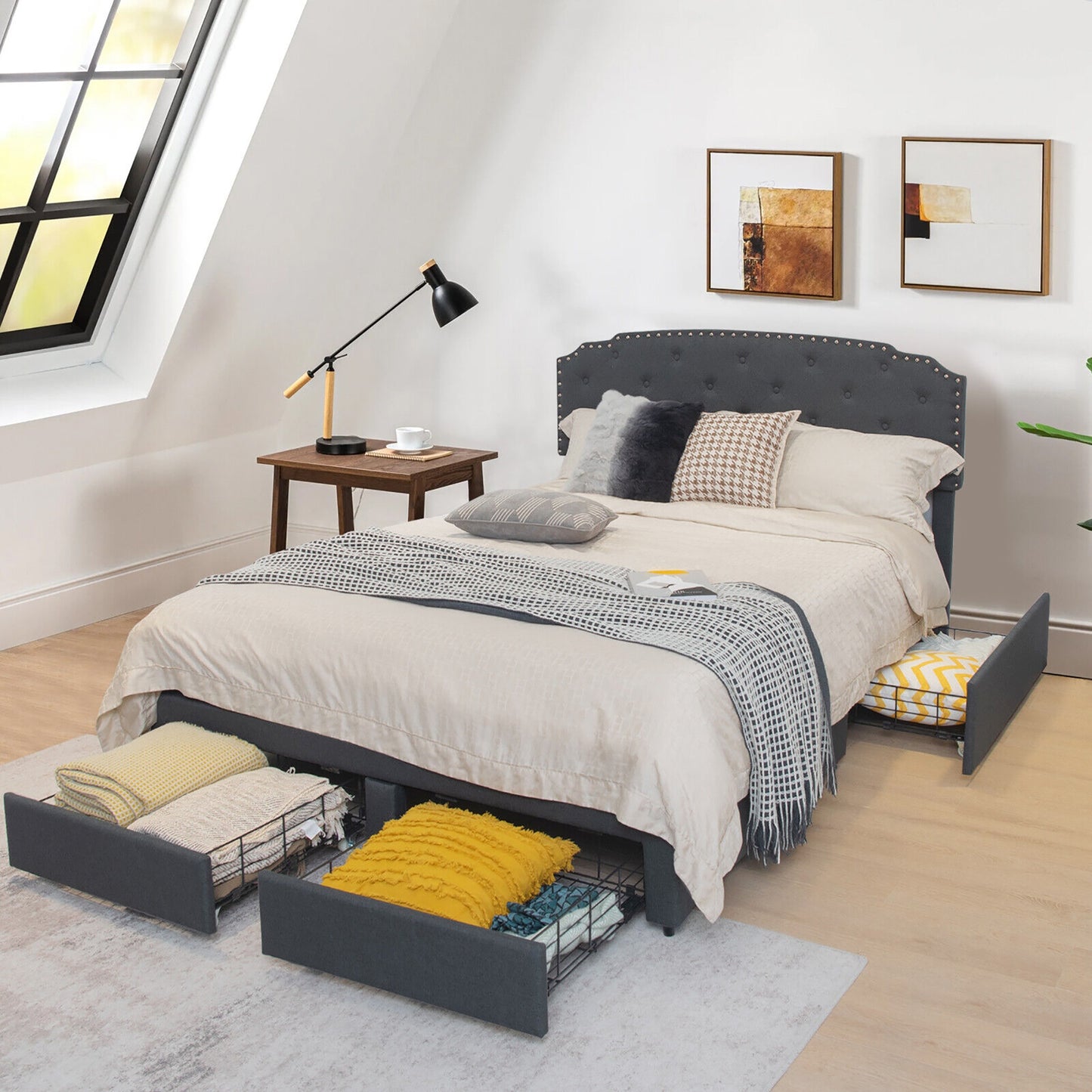 Modern Platform Bed Frame with Adjustable Headboard and 4 Spacious Storage Drawers