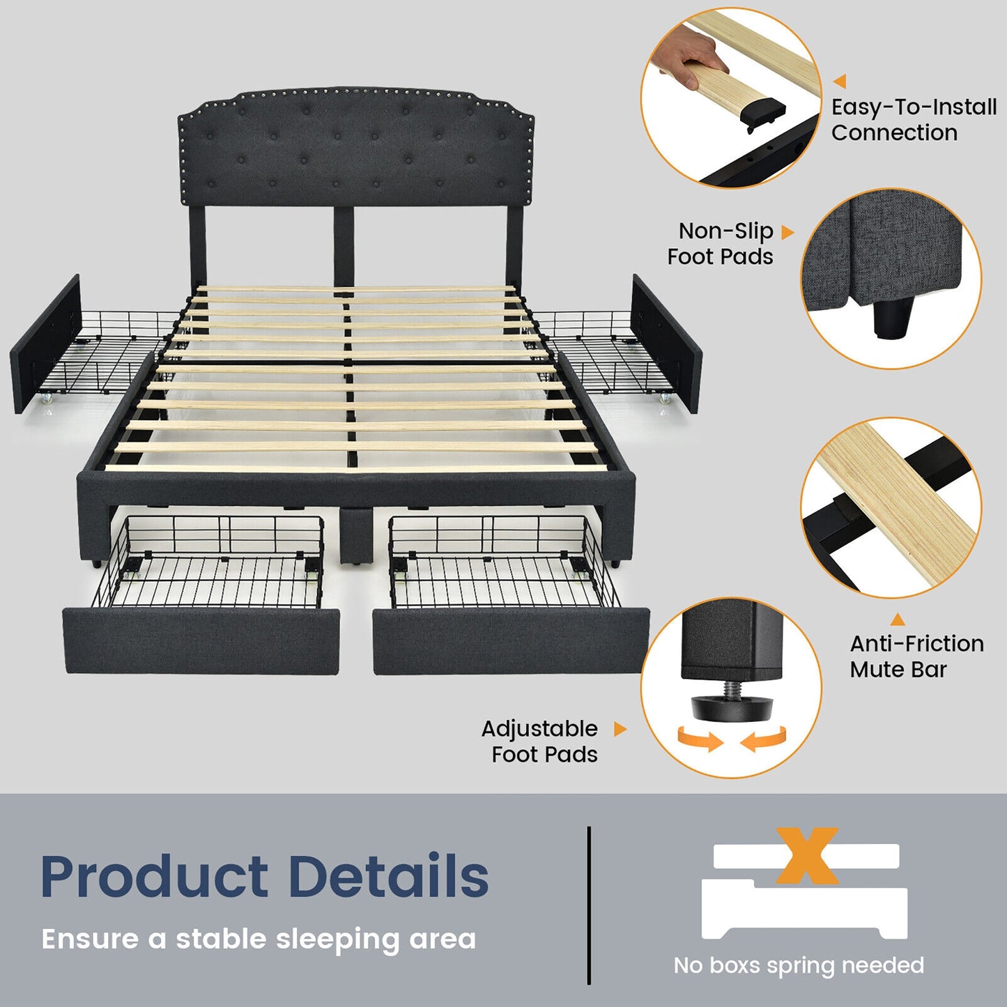 Modern Platform Bed Frame with Adjustable Headboard and 4 Spacious Storage Drawers