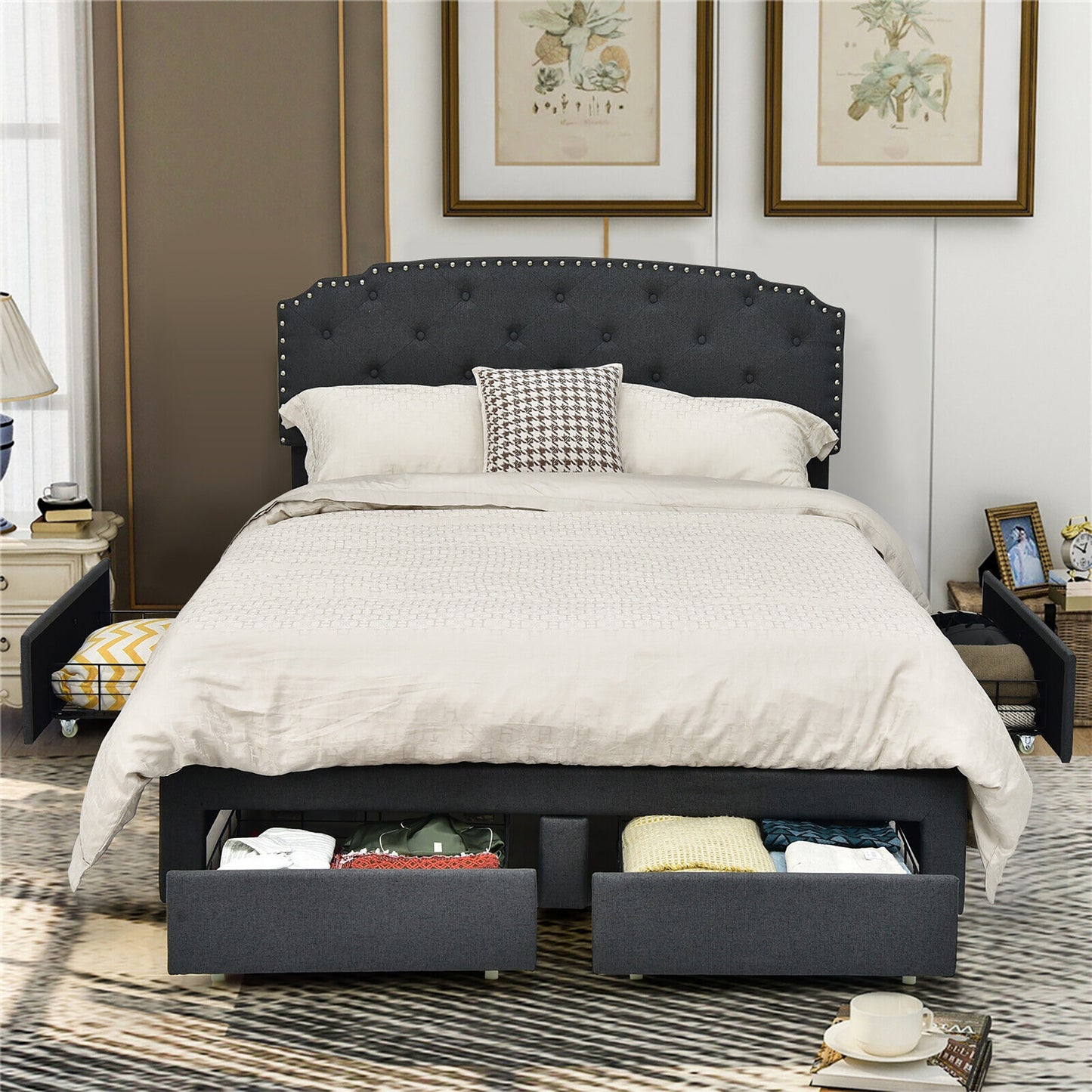 Modern Platform Bed Frame with Adjustable Headboard and 4 Spacious Storage Drawers