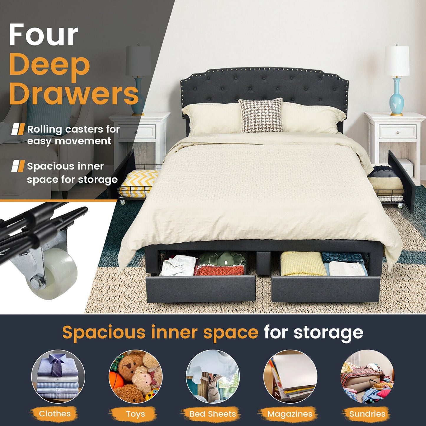 Modern Platform Bed Frame with Adjustable Headboard and 4 Spacious Storage Drawers