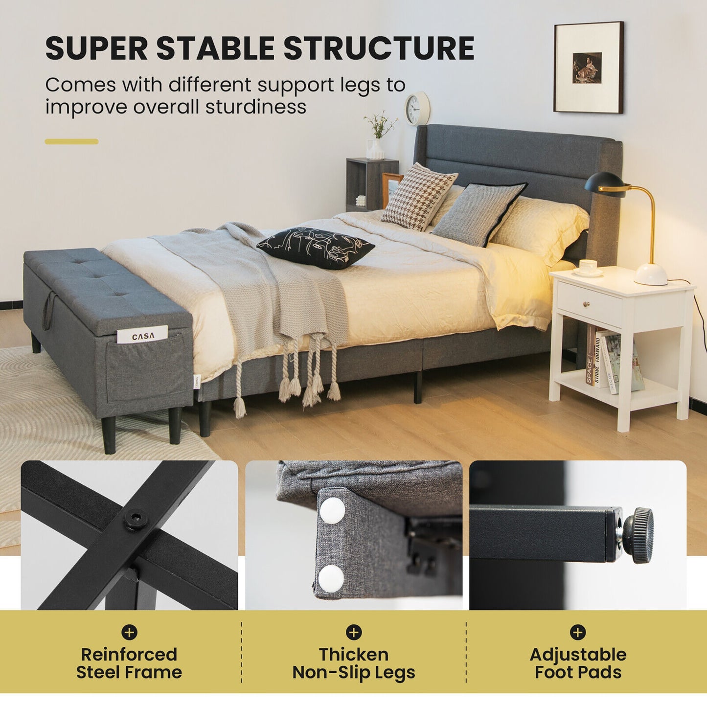 Modern Upholstered Platform Bed Frame with Storage Ottoman - Full/Queen Size