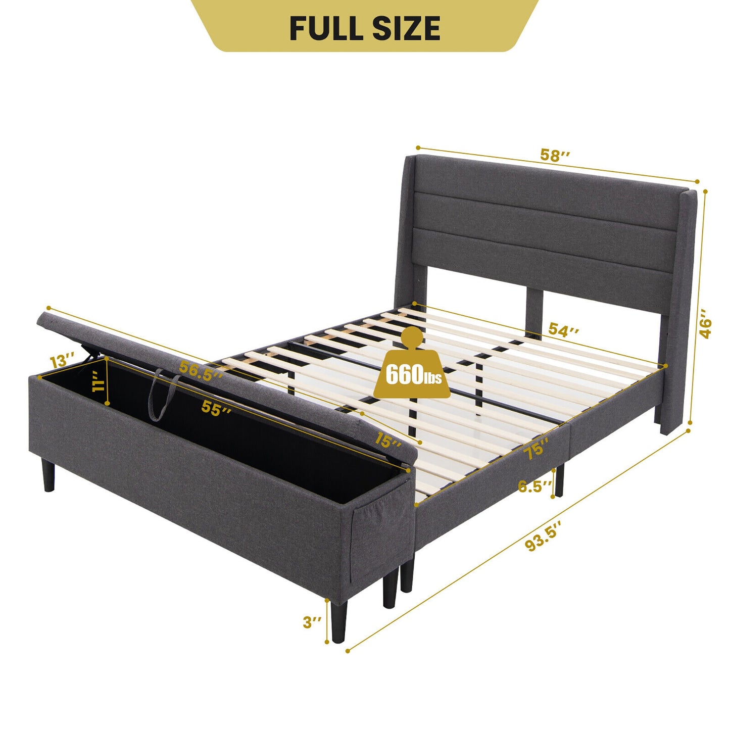 Modern Upholstered Platform Bed Frame with Storage Ottoman - Full/Queen Size