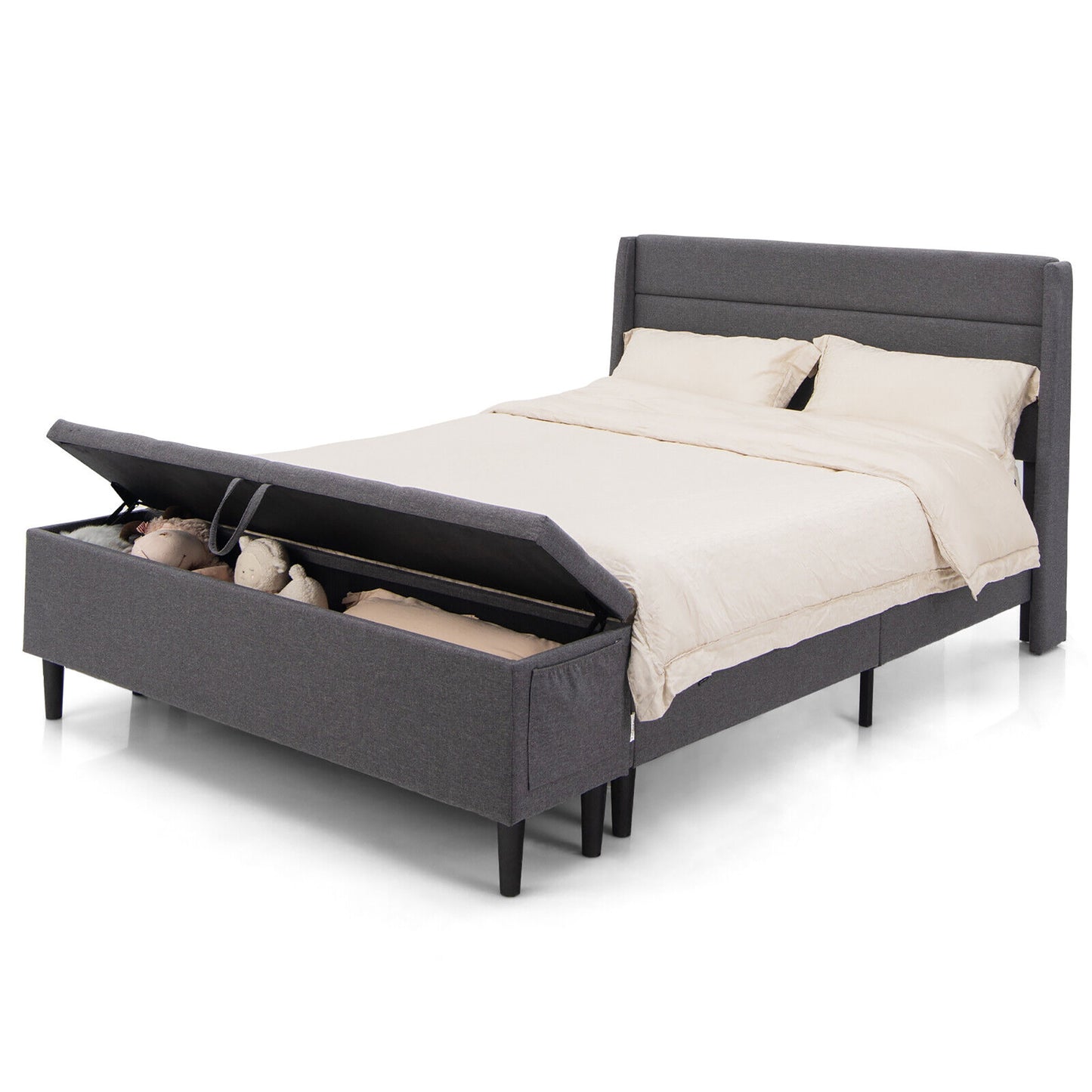 Modern Upholstered Platform Bed Frame with Storage Ottoman - Full/Queen Size