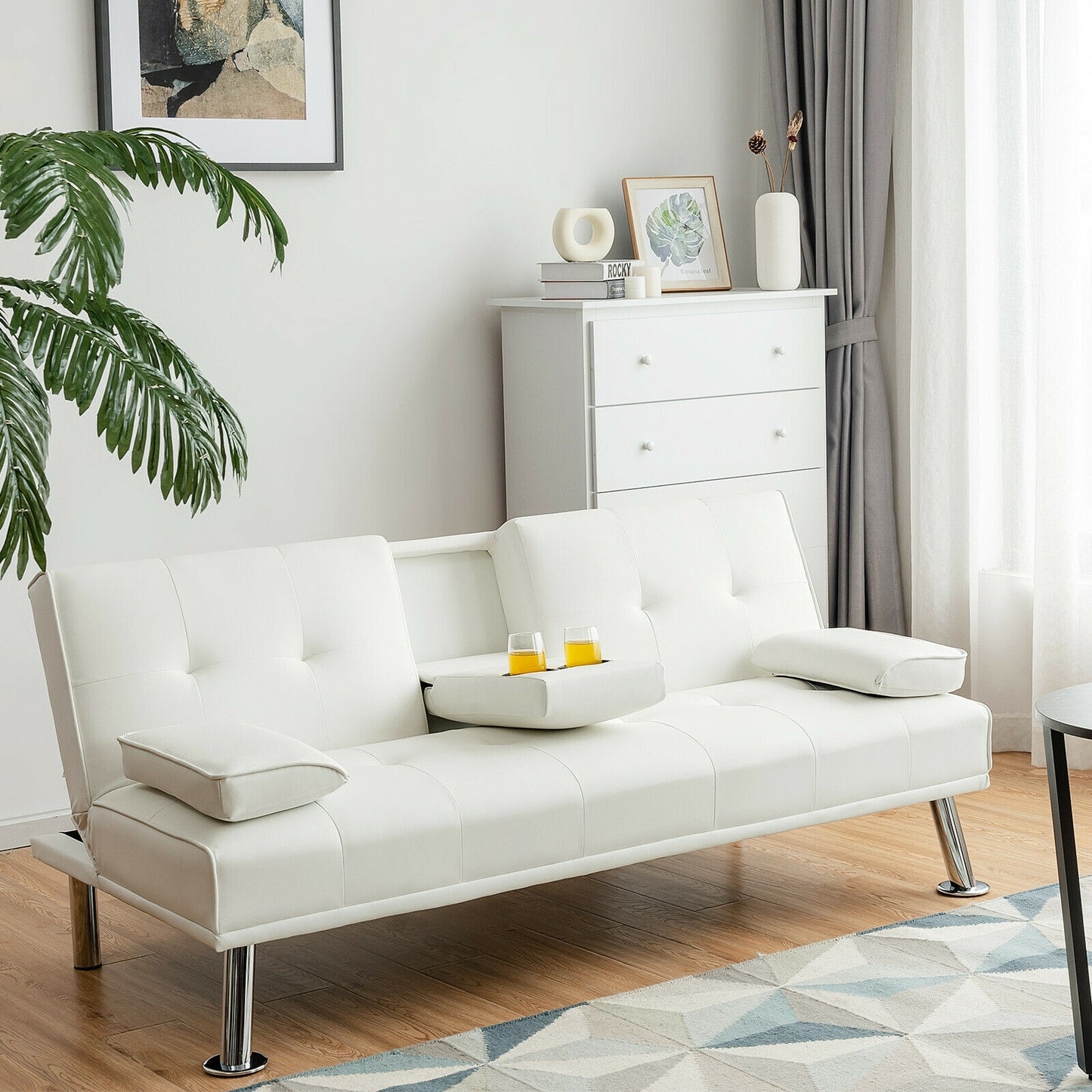 3-in-1 Convertible Leather Futon Sofa Bed with Cup Holders and Armrests – White