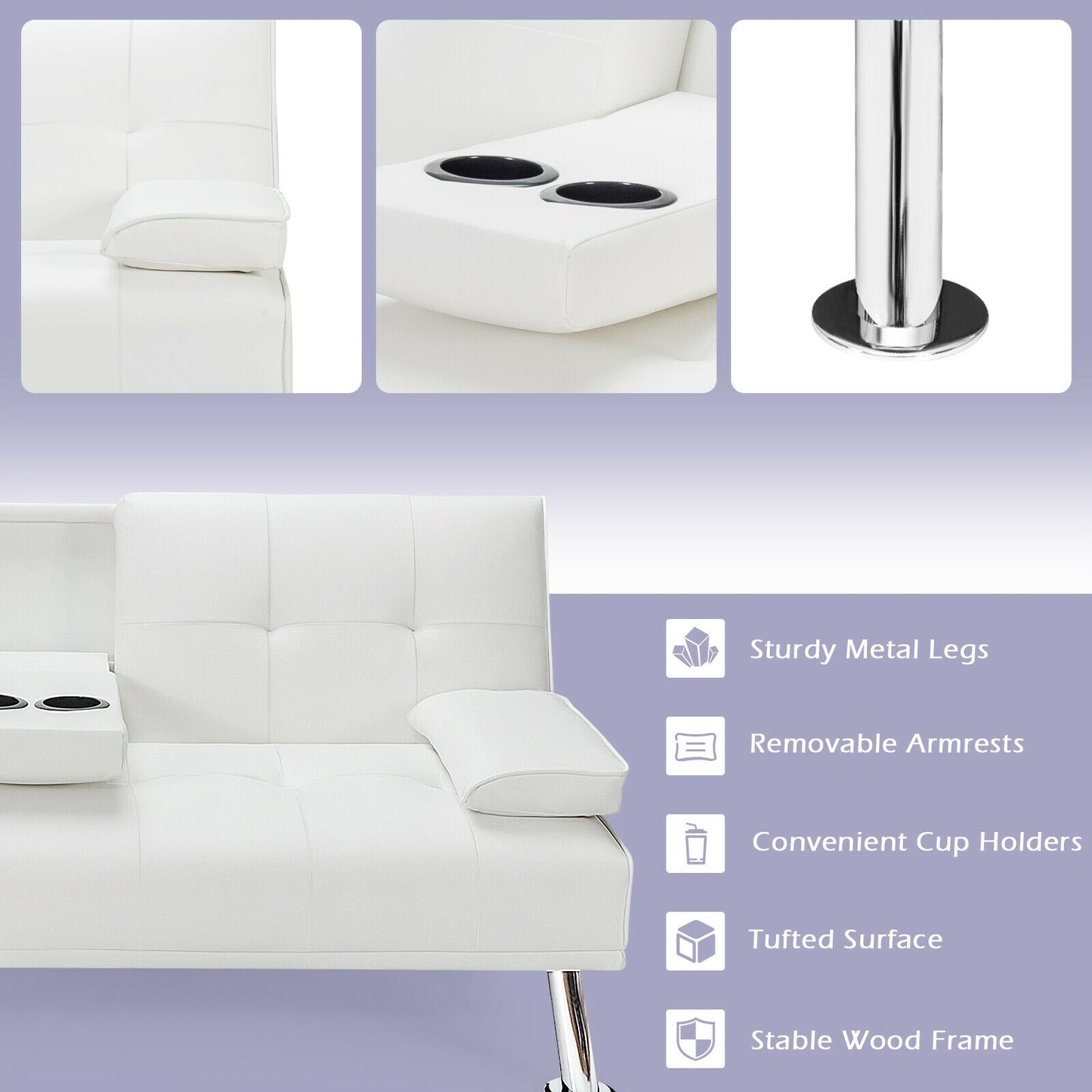 3-in-1 Convertible Leather Futon Sofa Bed with Cup Holders and Armrests – White