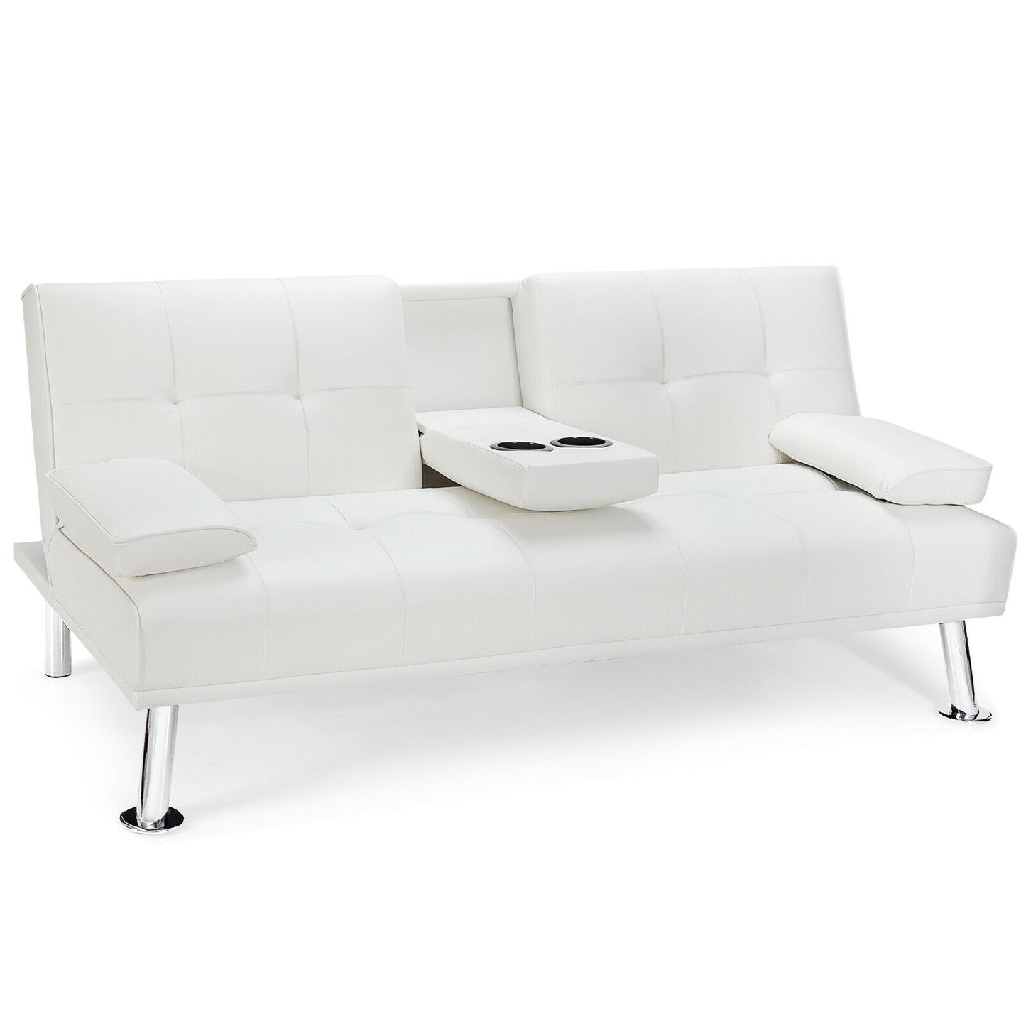 3-in-1 Convertible Leather Futon Sofa Bed with Cup Holders and Armrests – White