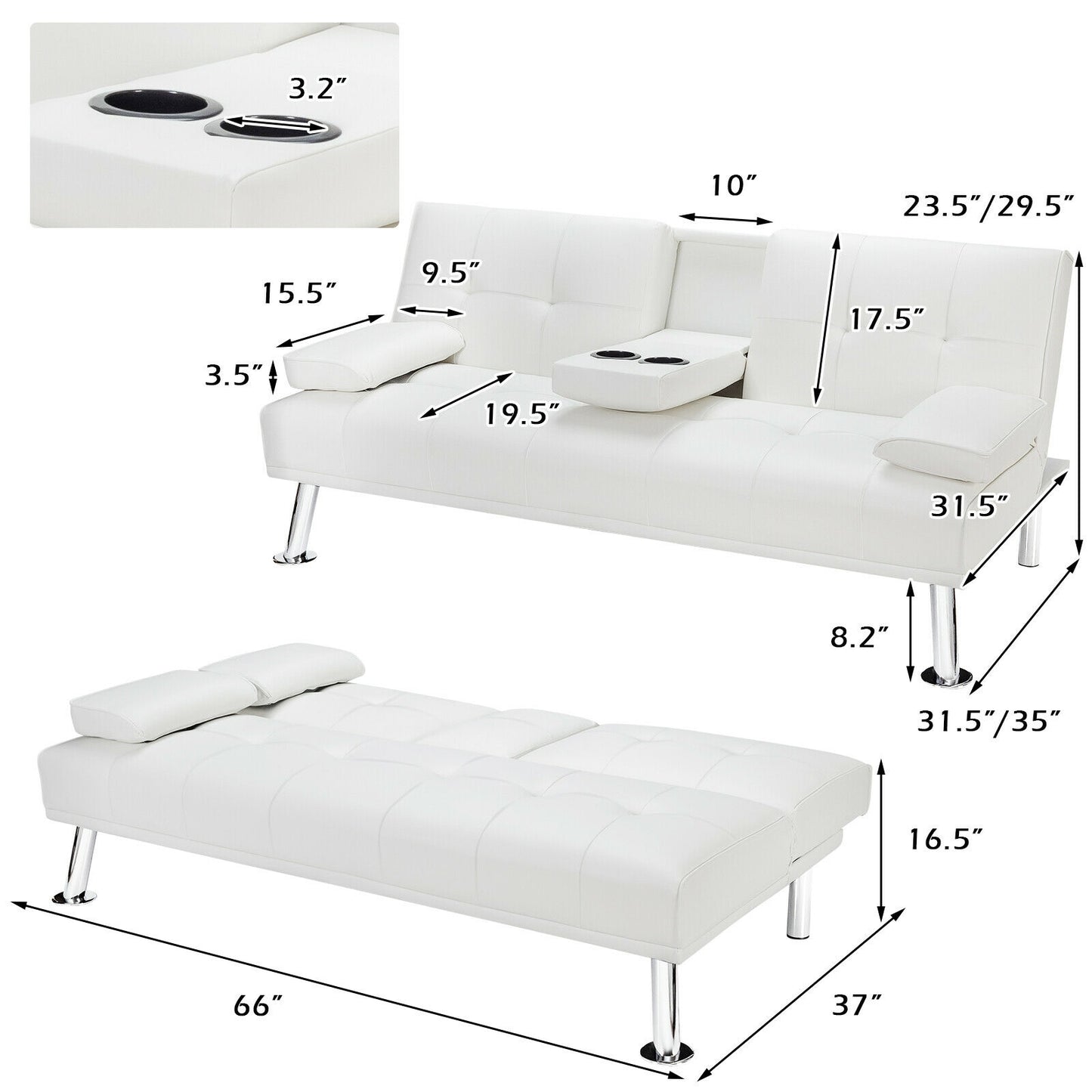 3-in-1 Convertible Leather Futon Sofa Bed with Cup Holders and Armrests – White