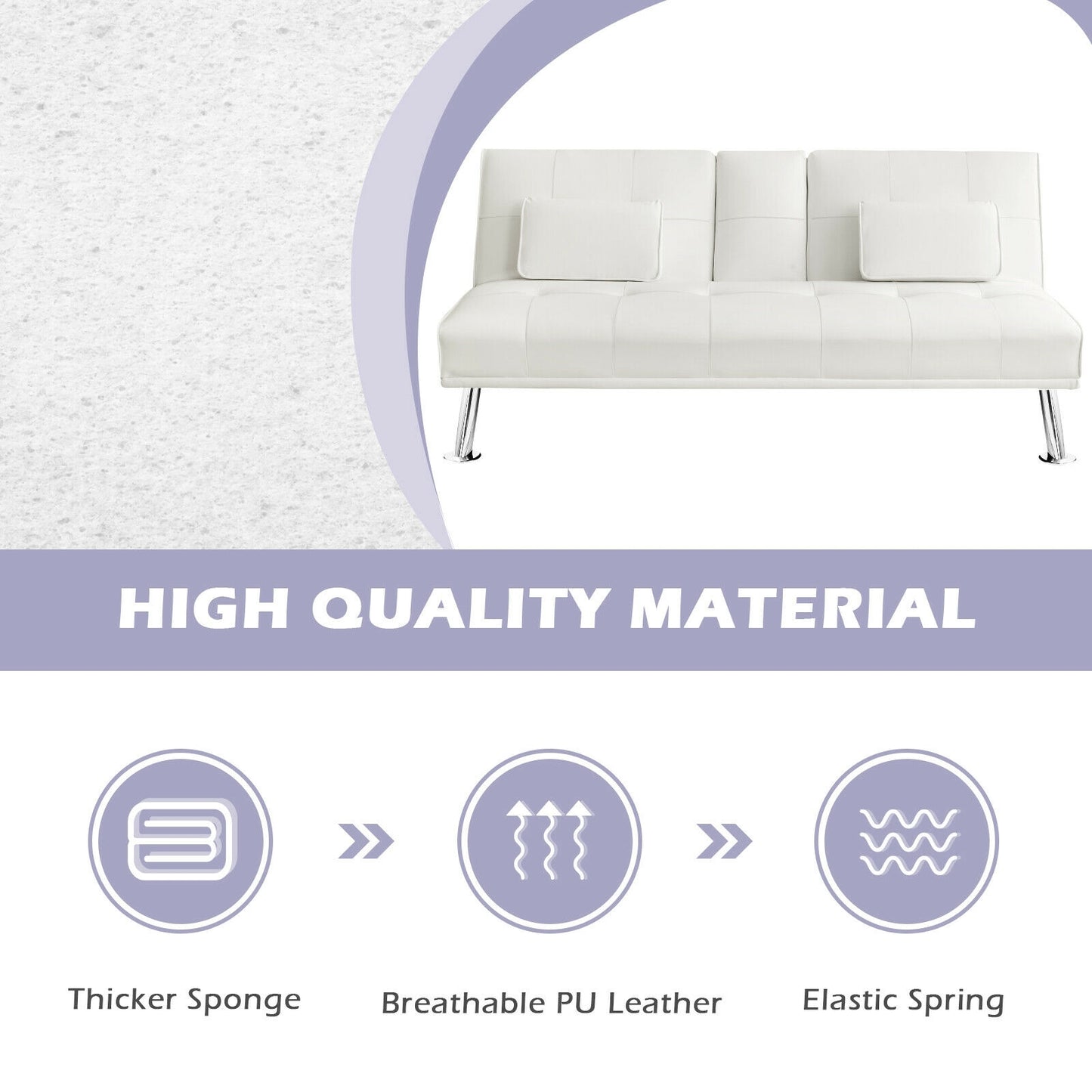 3-in-1 Convertible Leather Futon Sofa Bed with Cup Holders and Armrests – White