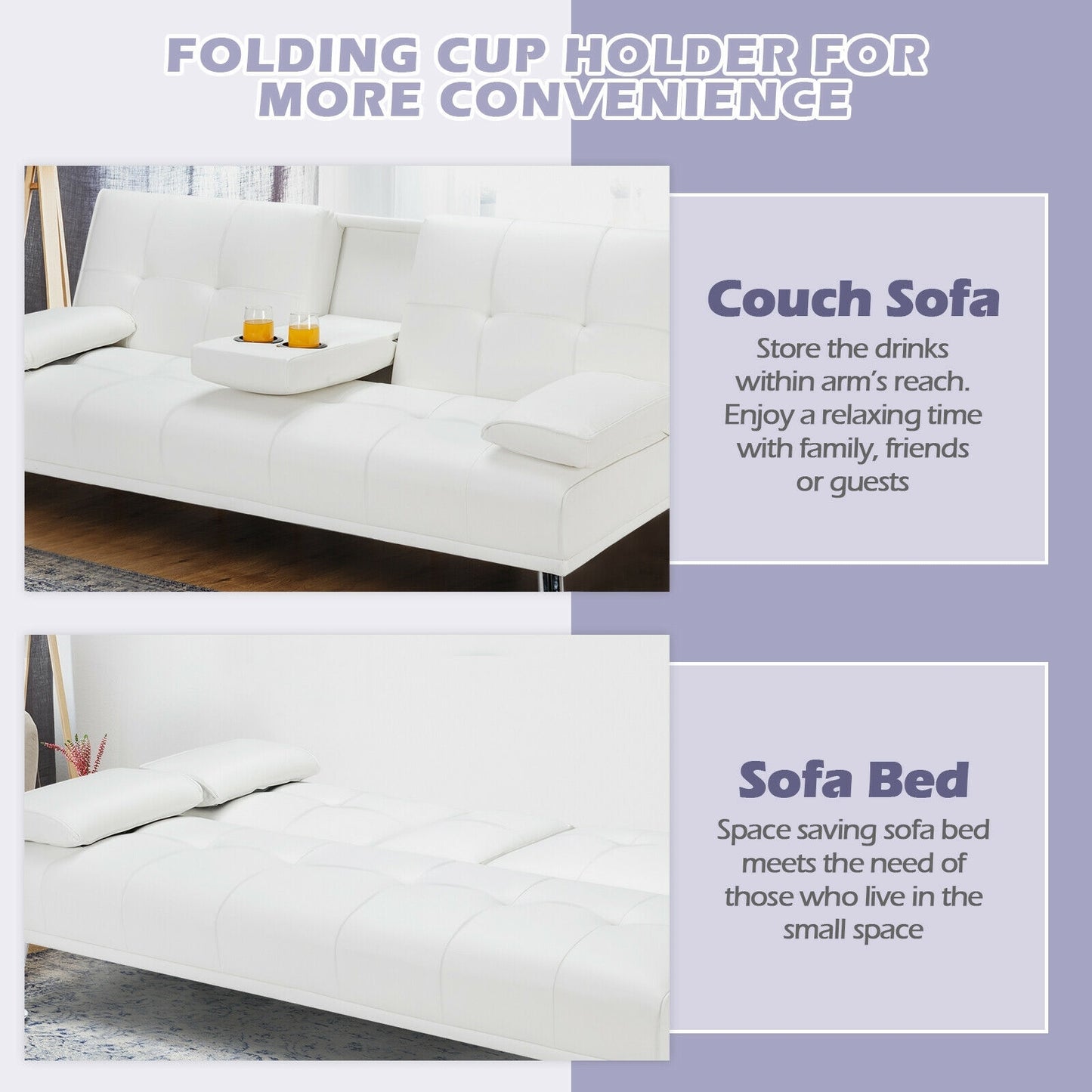3-in-1 Convertible Leather Futon Sofa Bed with Cup Holders and Armrests – White