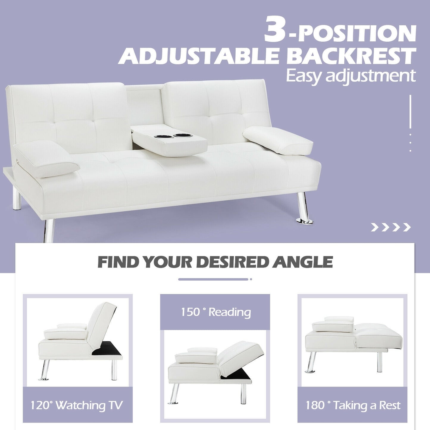 3-in-1 Convertible Leather Futon Sofa Bed with Cup Holders and Armrests – White