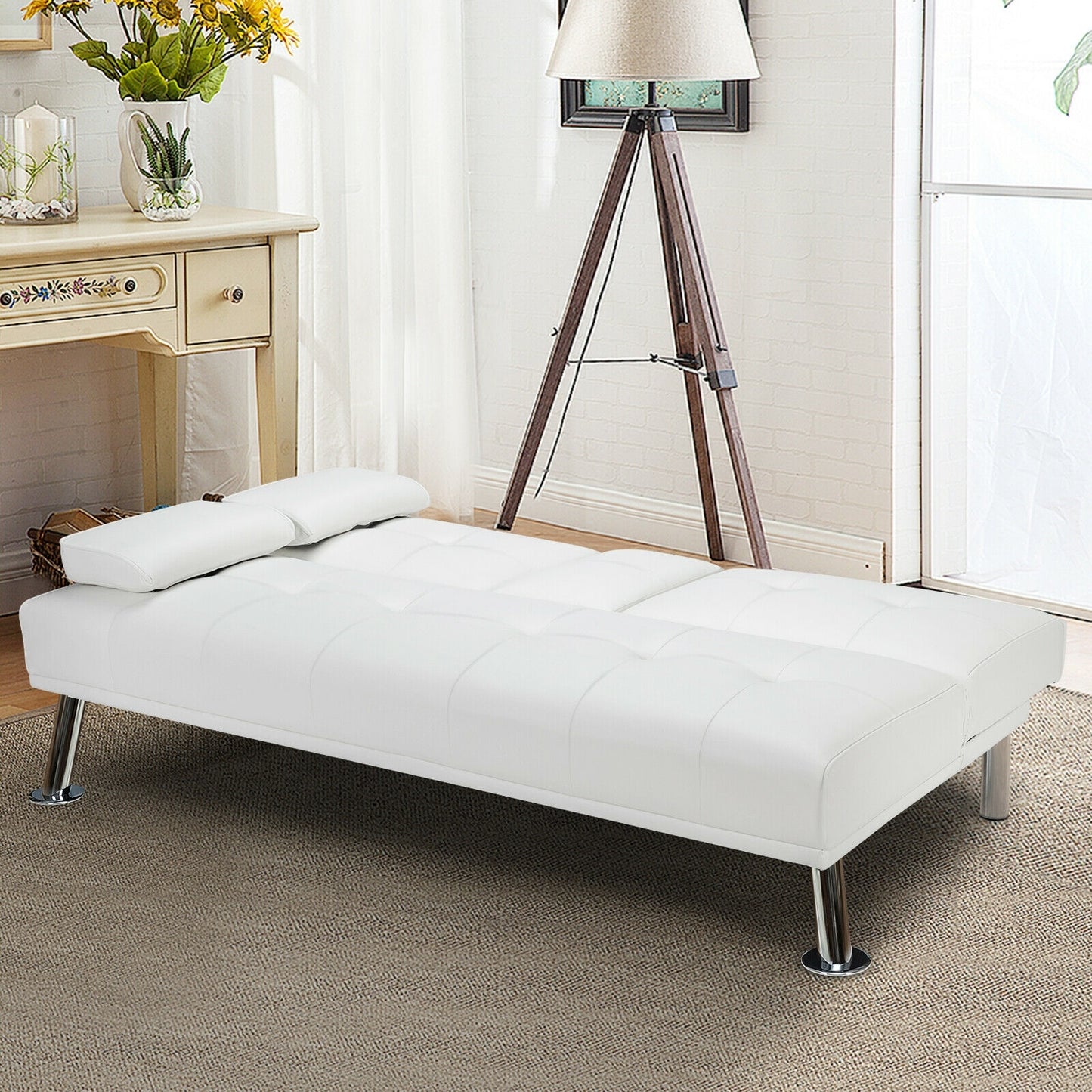 3-in-1 Convertible Leather Futon Sofa Bed with Cup Holders and Armrests – White
