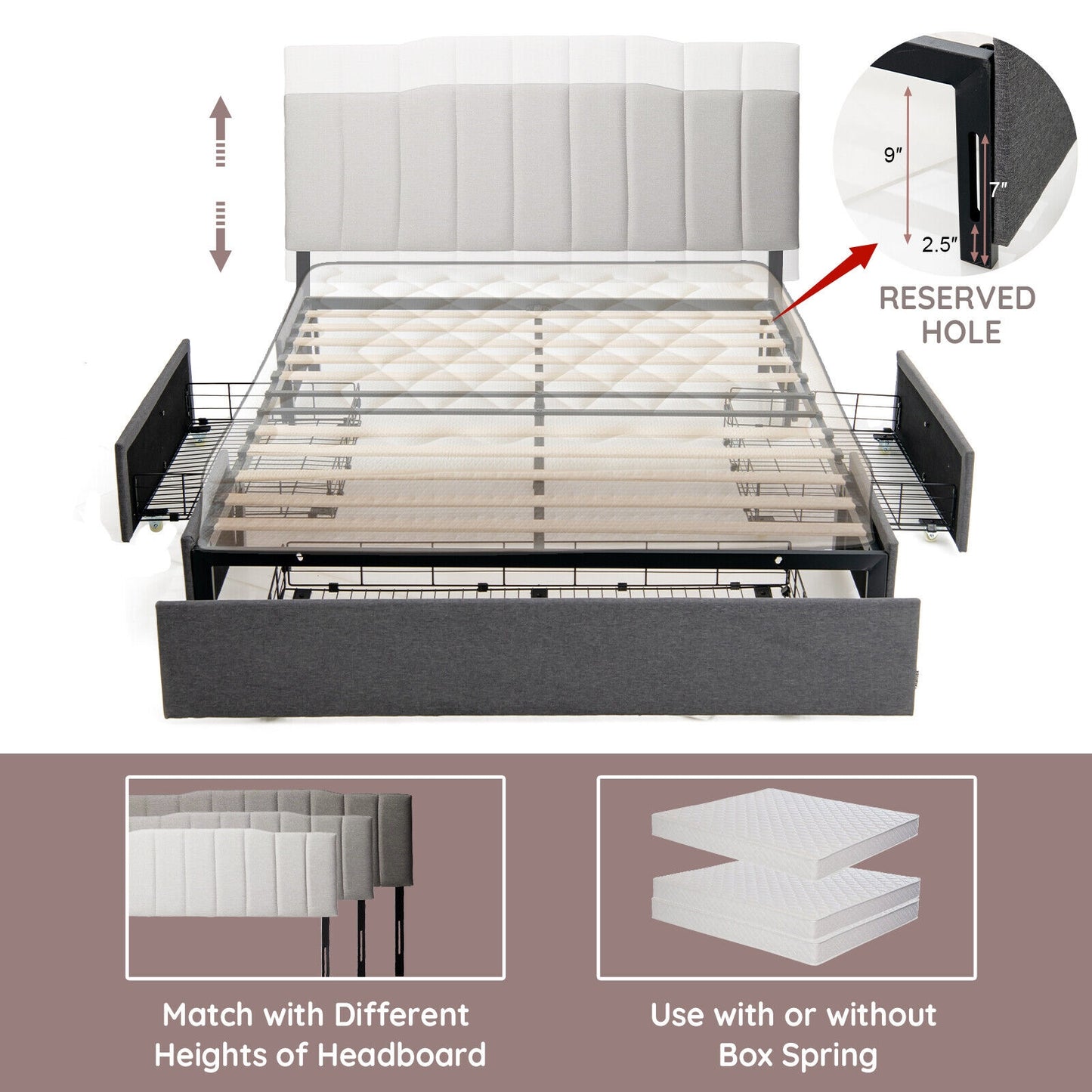 Contemporary Upholstered Platform Bed Frame with 3 Storage Drawers - Full/Queen Size