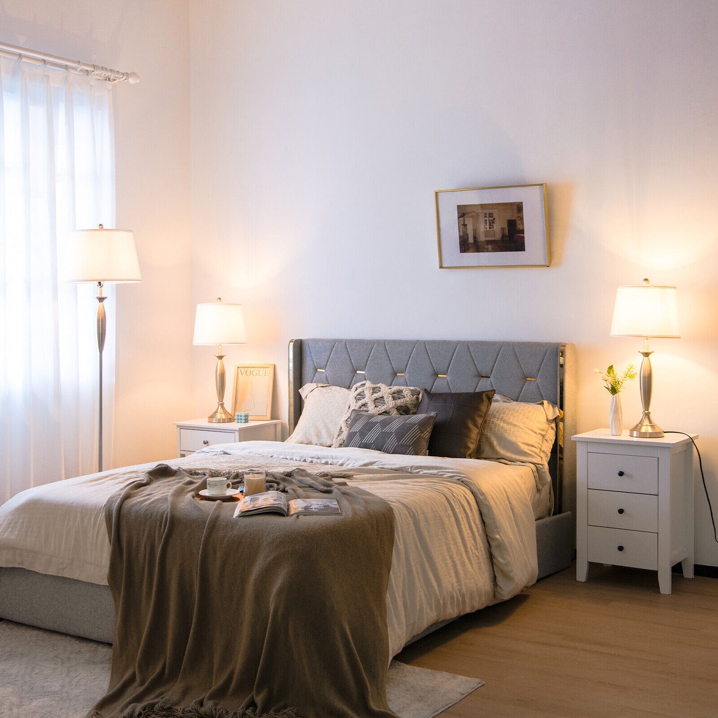 3 Piece Modern Nickel Floor and Table Lamp Set with Linen Shades