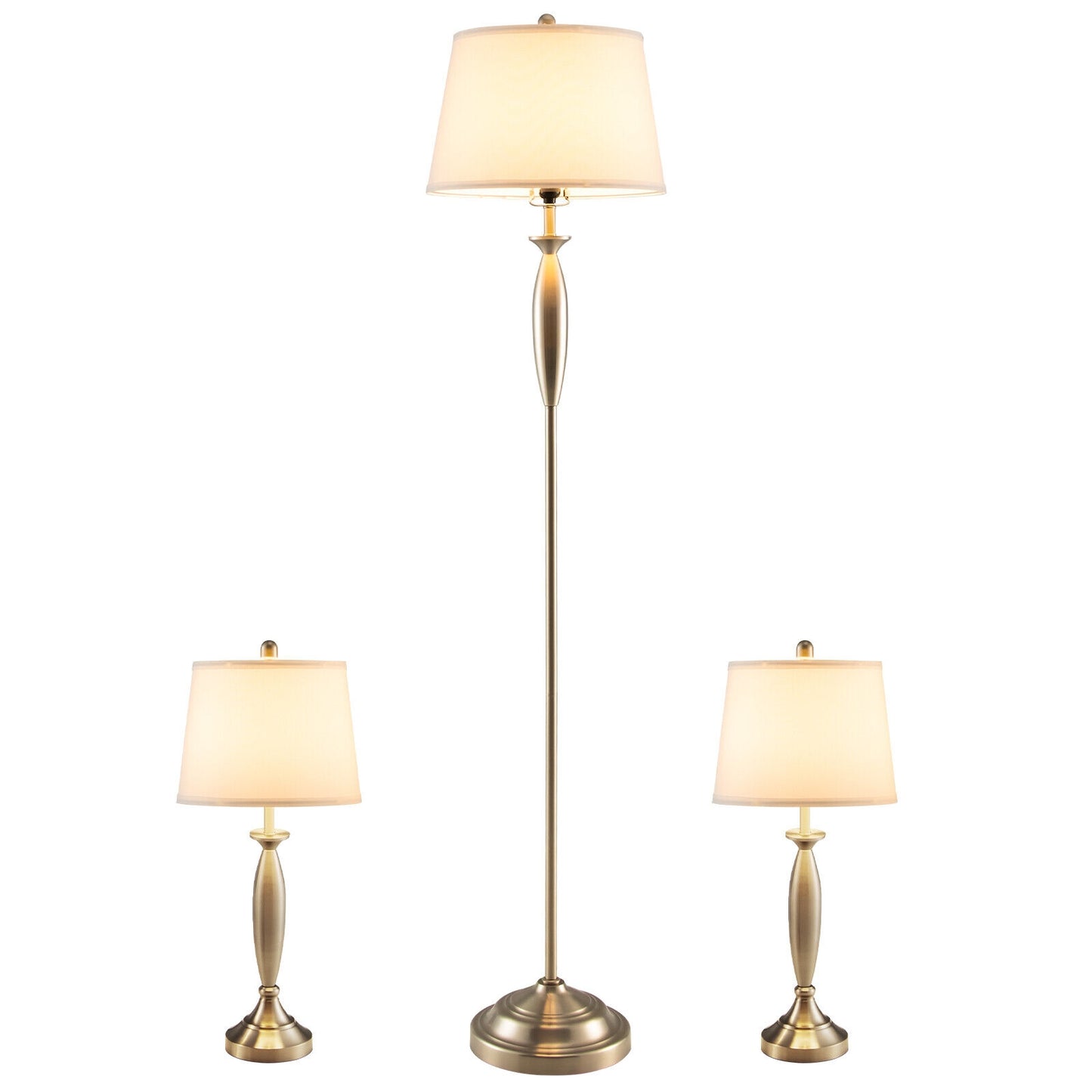 3 Piece Modern Nickel Floor and Table Lamp Set with Linen Shades