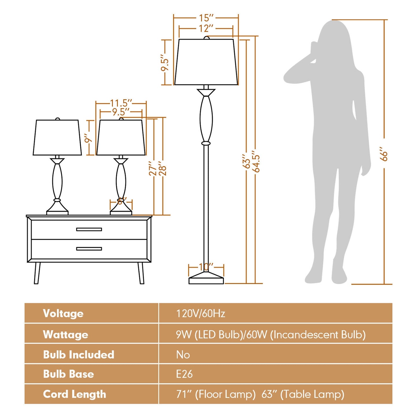3 Piece Modern Nickel Floor and Table Lamp Set with Linen Shades