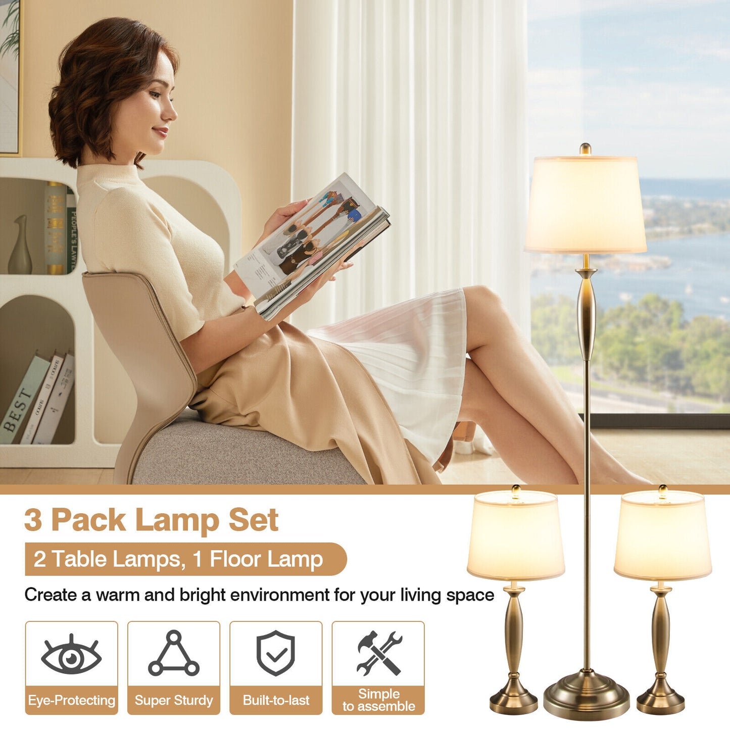 3 Piece Modern Nickel Floor and Table Lamp Set with Linen Shades