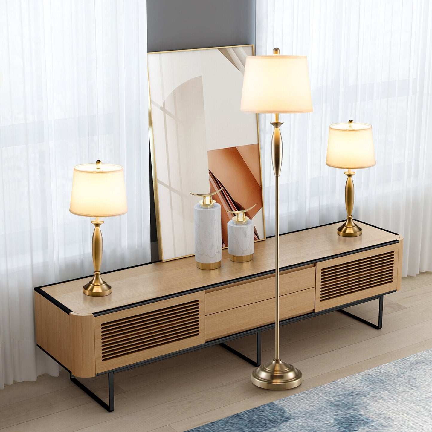 3 Piece Modern Nickel Floor and Table Lamp Set with Linen Shades