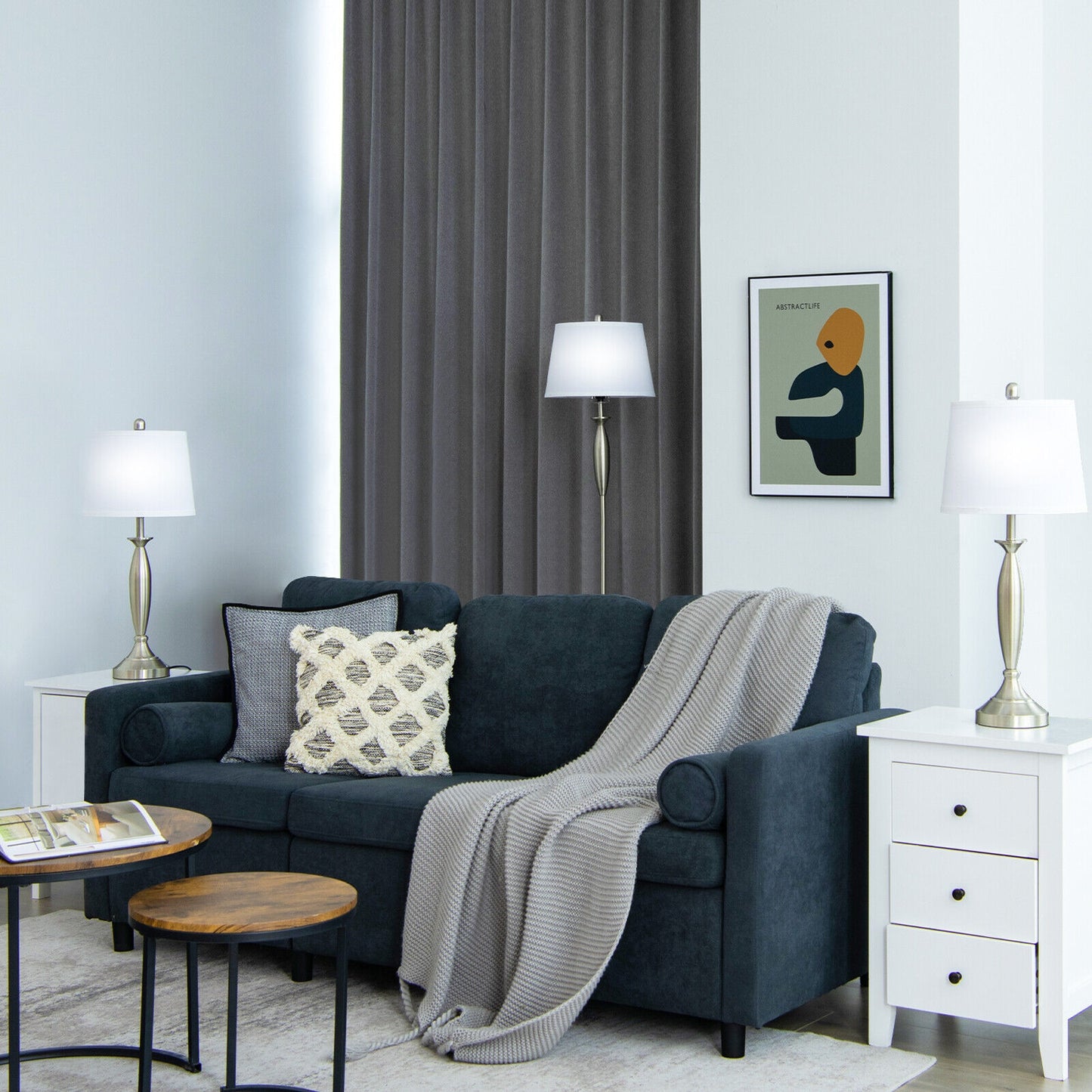3 Piece Modern Nickel Floor and Table Lamp Set with Linen Shades