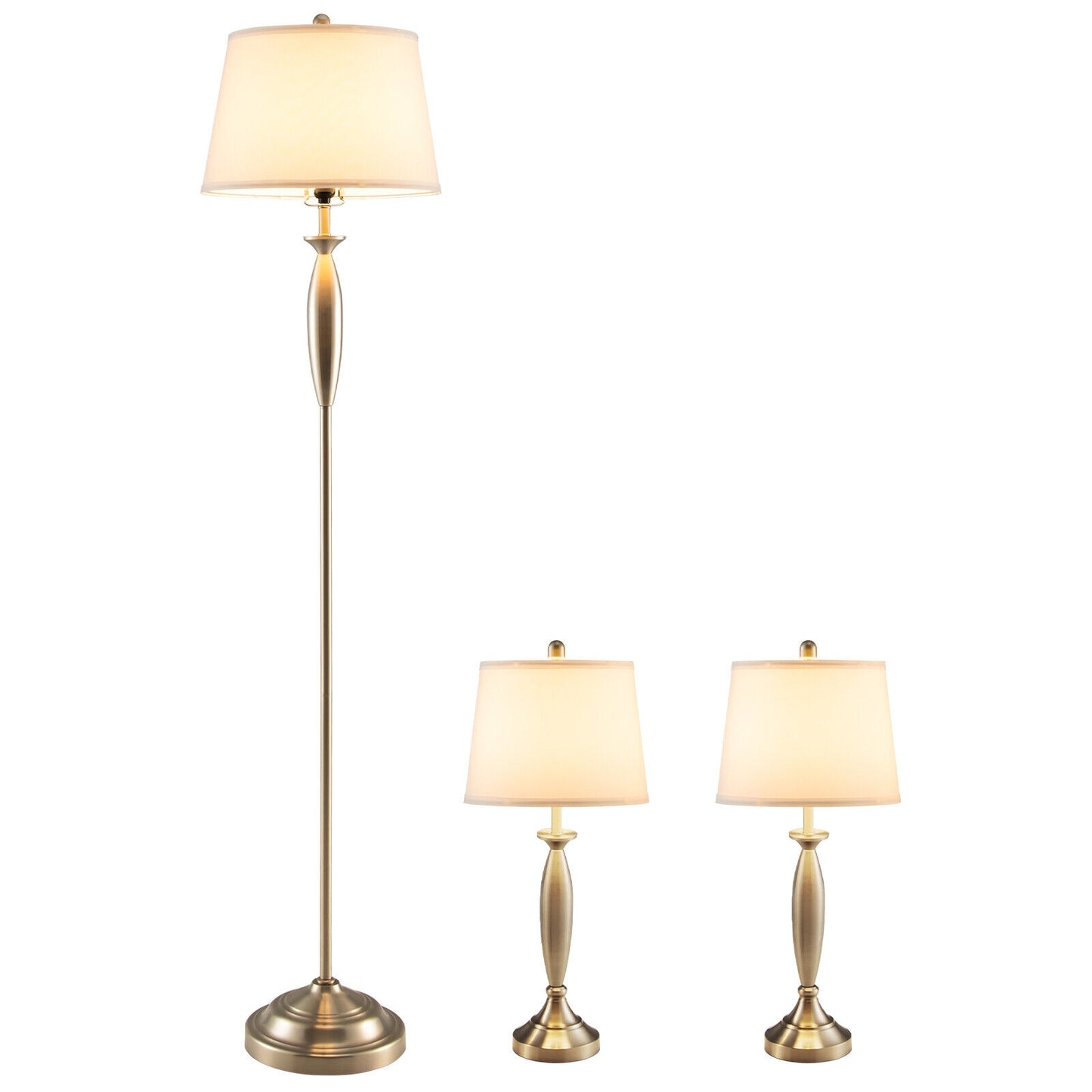 3 Piece Modern Nickel Floor and Table Lamp Set with Linen Shades