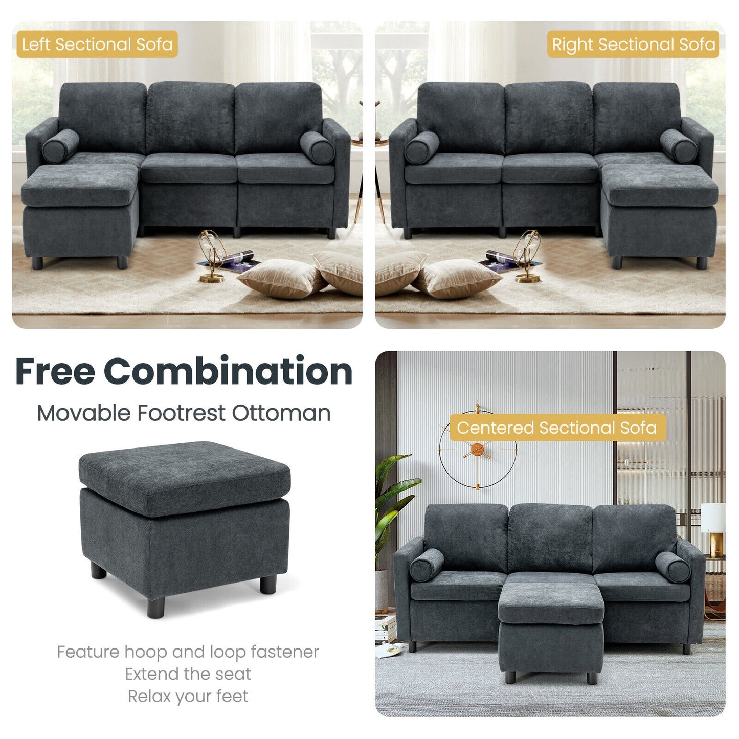 Convertible 3 Seater L-Shaped Sectional Sofa with Movable Ottoman and Removable Bolsters