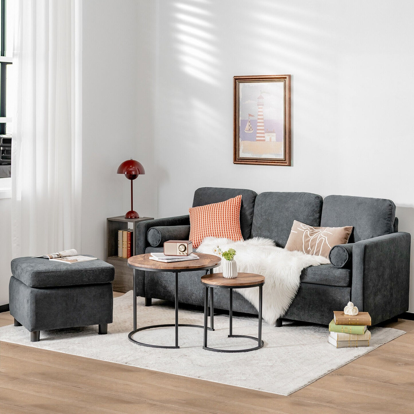 Convertible 3 Seater L-Shaped Sectional Sofa with Movable Ottoman and Removable Bolsters