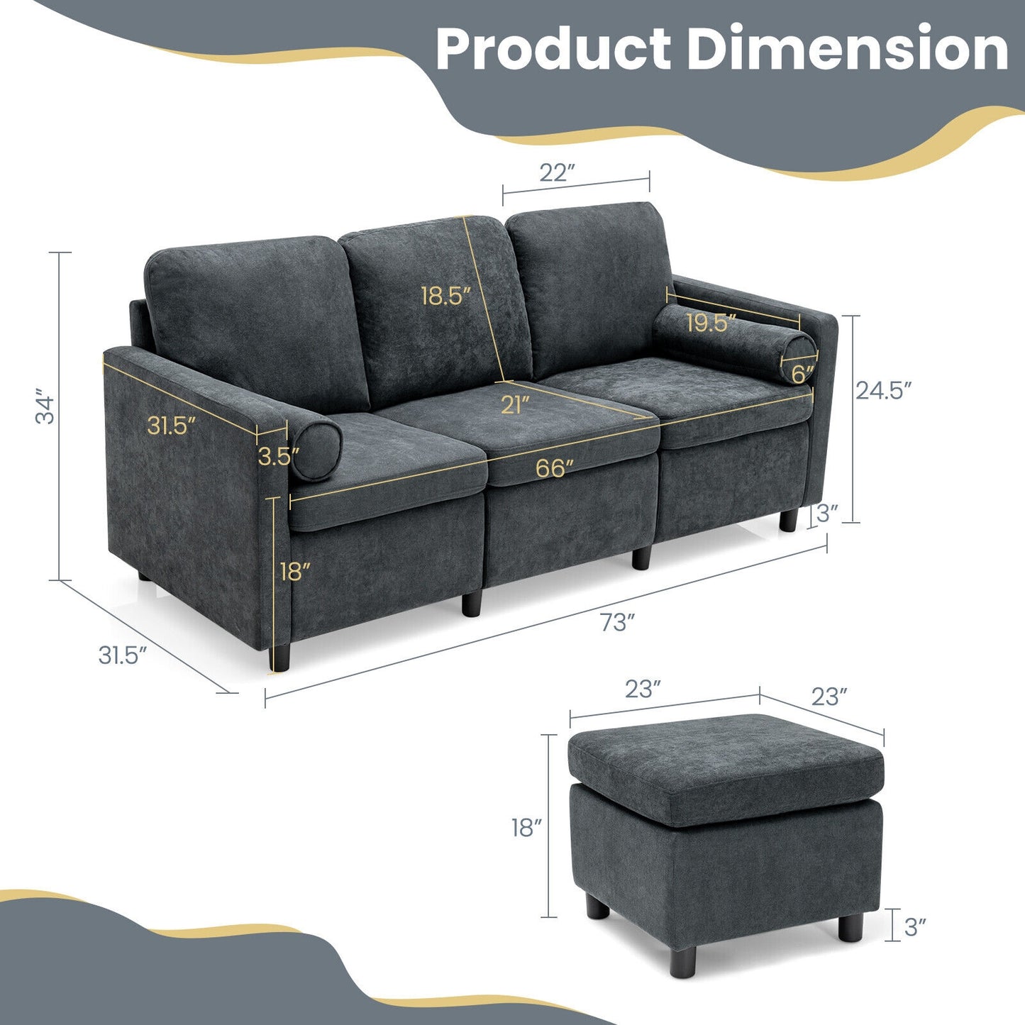 Convertible 3 Seater L-Shaped Sectional Sofa with Movable Ottoman and Removable Bolsters