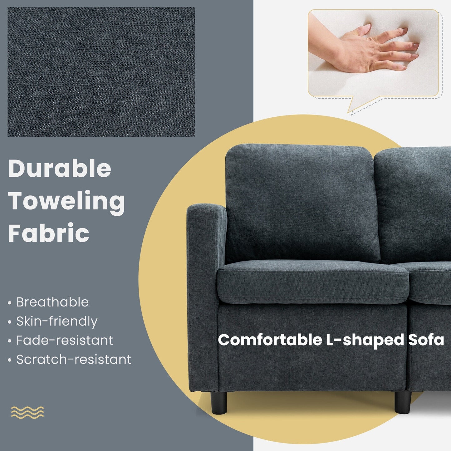 Convertible 3 Seater L-Shaped Sectional Sofa with Movable Ottoman and Removable Bolsters
