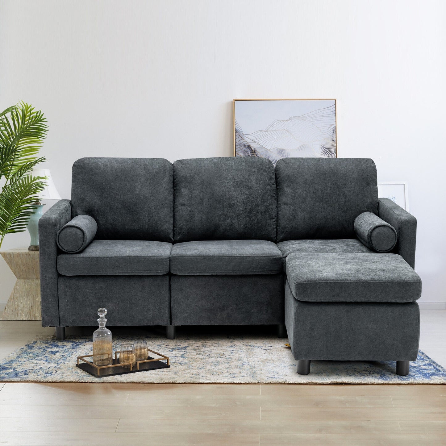 Convertible 3 Seater L-Shaped Sectional Sofa with Movable Ottoman and Removable Bolsters