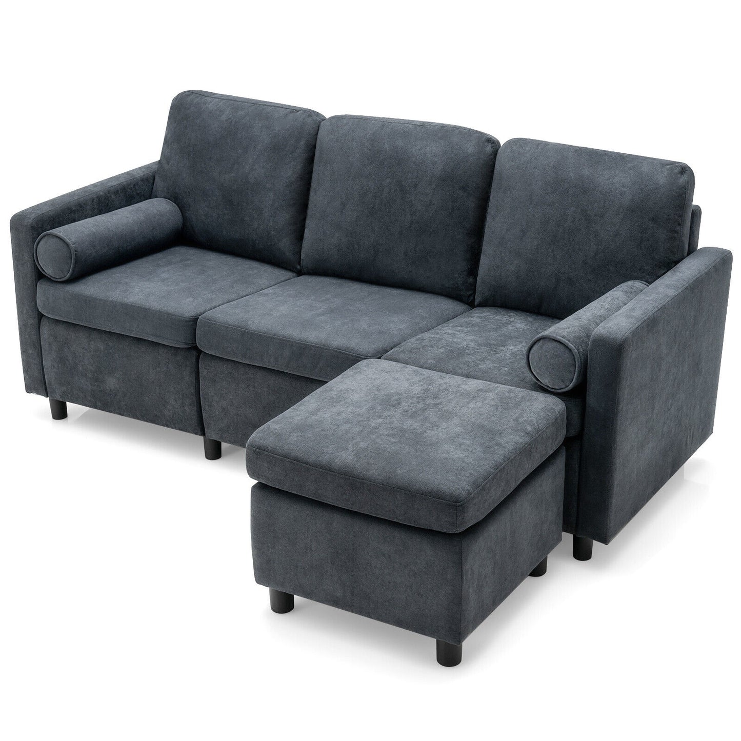 Convertible 3 Seater L-Shaped Sectional Sofa with Movable Ottoman and Removable Bolsters