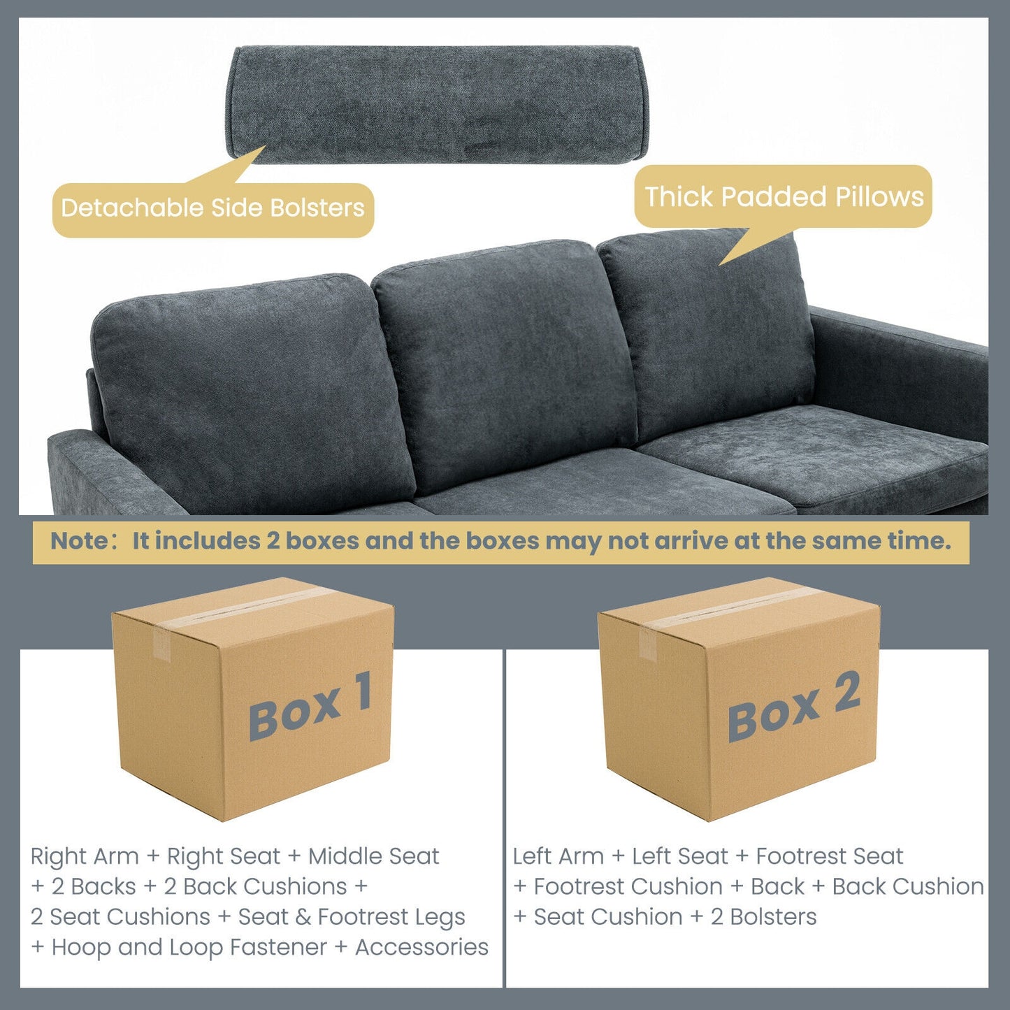 Convertible 3 Seater L-Shaped Sectional Sofa with Movable Ottoman and Removable Bolsters