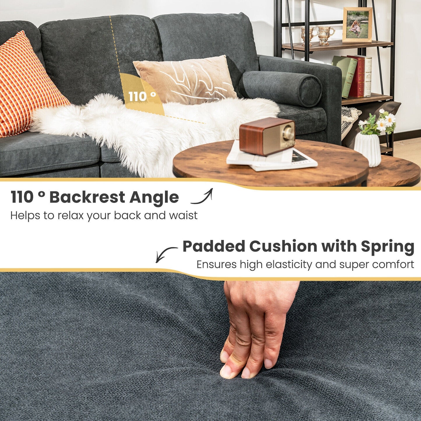 Convertible 3 Seater L-Shaped Sectional Sofa with Movable Ottoman and Removable Bolsters