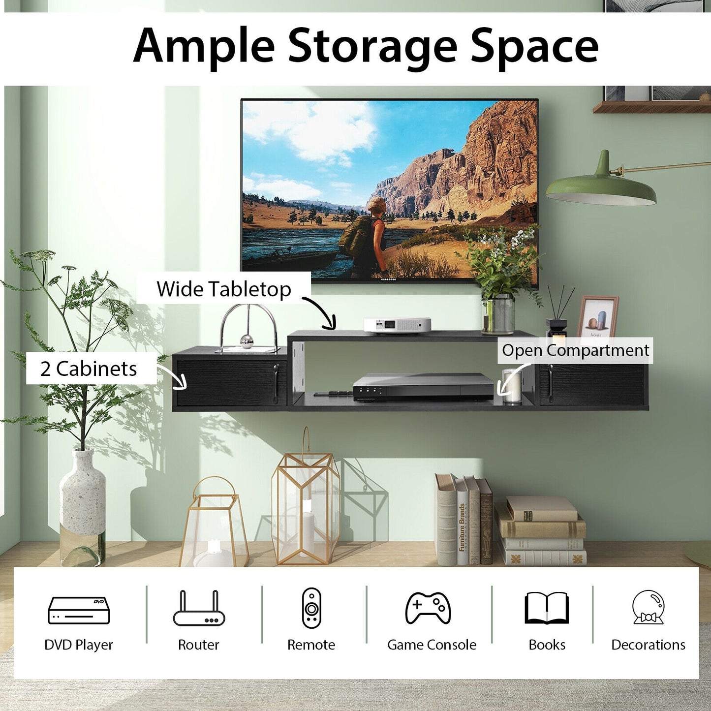 55 Inch Wall Mounted Floating TV Stand with Power Outlet for TVs up to 65 Inch in Black