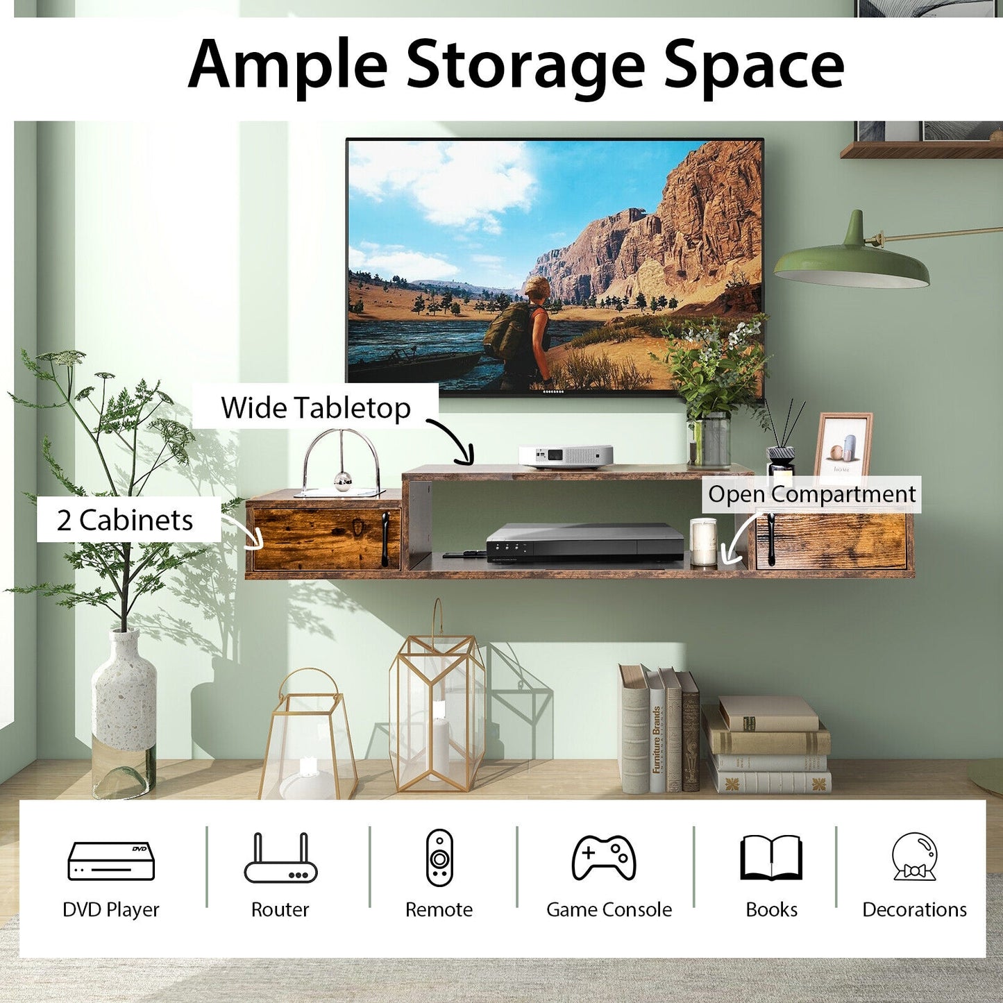 55 Inch Wall Mounted Floating TV Stand with Power Outlet for TVs up to 65 Inch in Rustic Brown