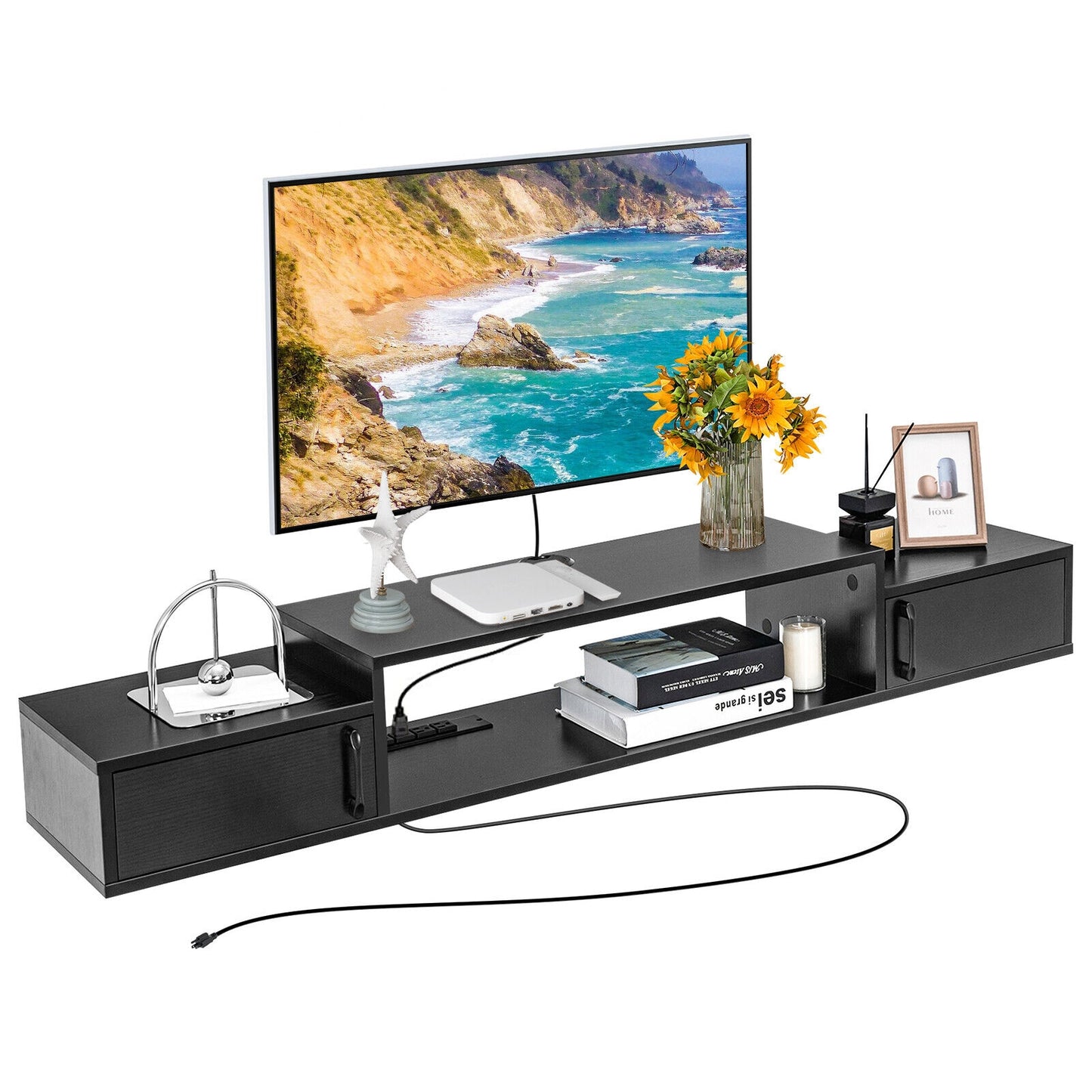 55 Inch Wall Mounted Floating TV Stand with Power Outlet for TVs up to 65 Inch in Black