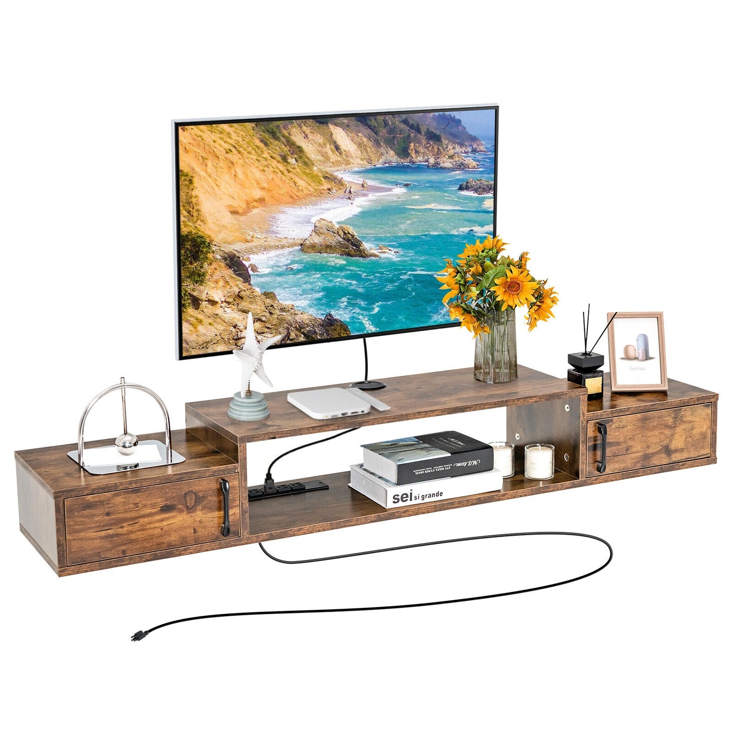 55 Inch Wall Mounted Floating TV Stand with Power Outlet for TVs up to 65 Inch in Rustic Brown