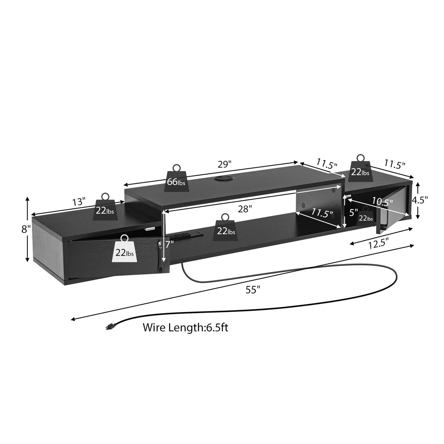 55 Inch Wall Mounted Floating TV Stand with Power Outlet for TVs up to 65 Inch in Black