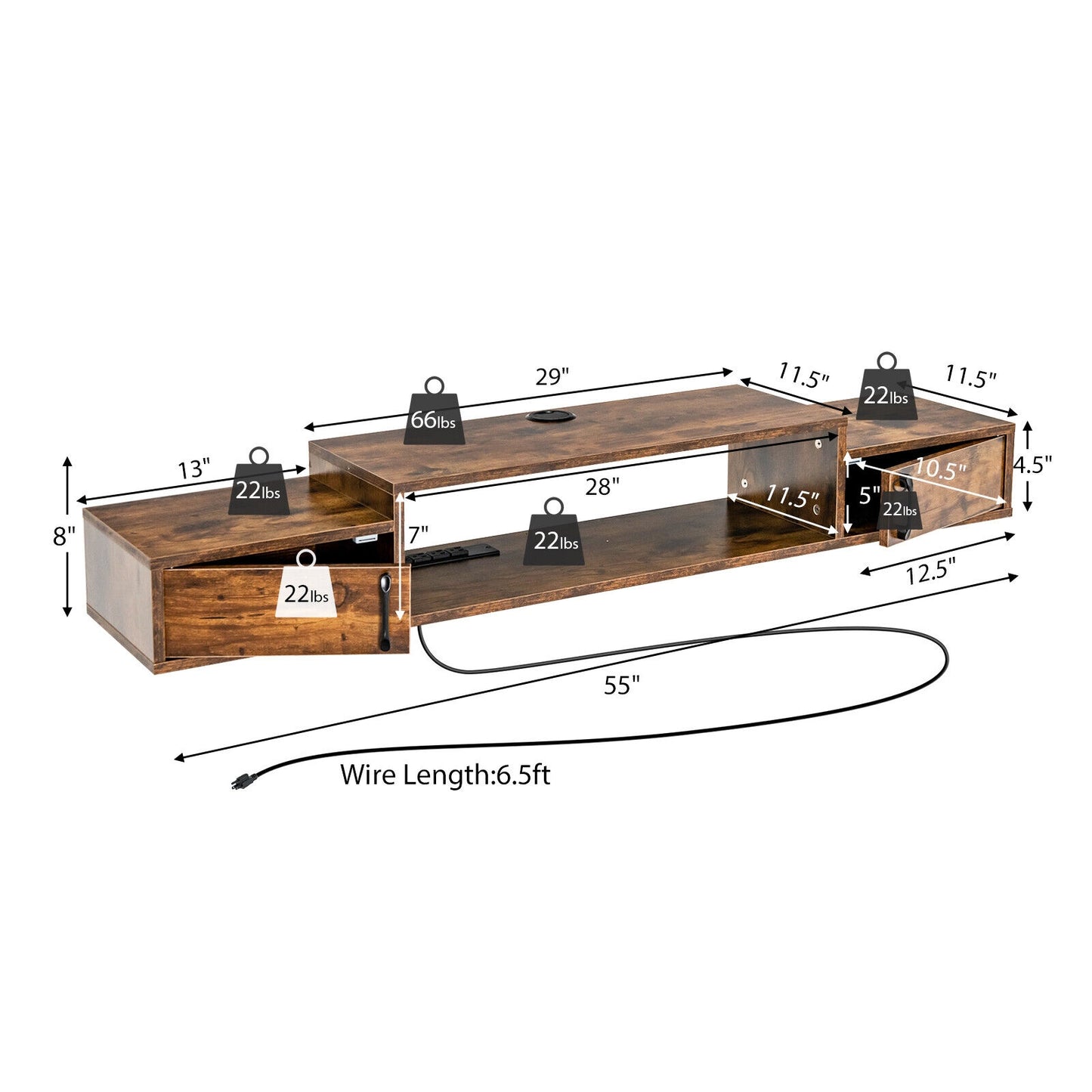 55 Inch Wall Mounted Floating TV Stand with Power Outlet for TVs up to 65 Inch in Rustic Brown