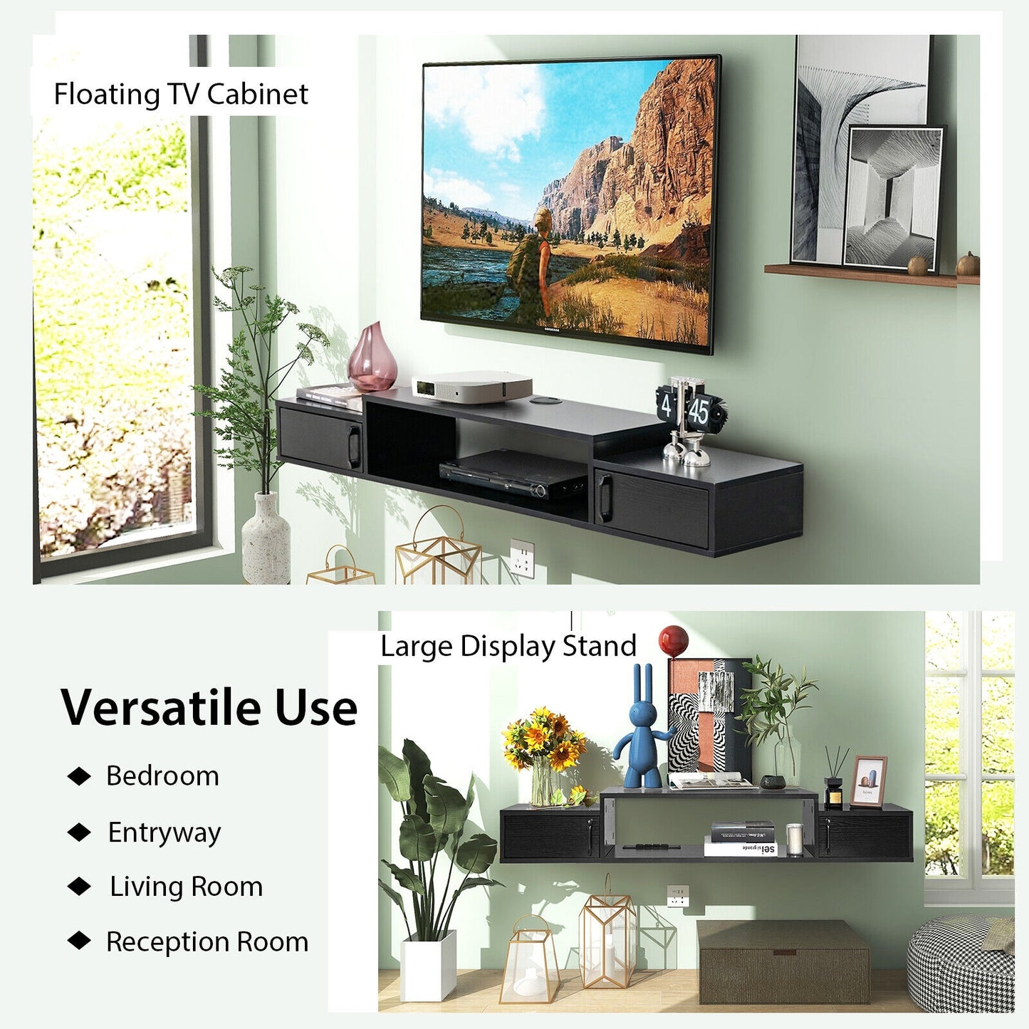 55 Inch Wall Mounted Floating TV Stand with Power Outlet for TVs up to 65 Inch in Black