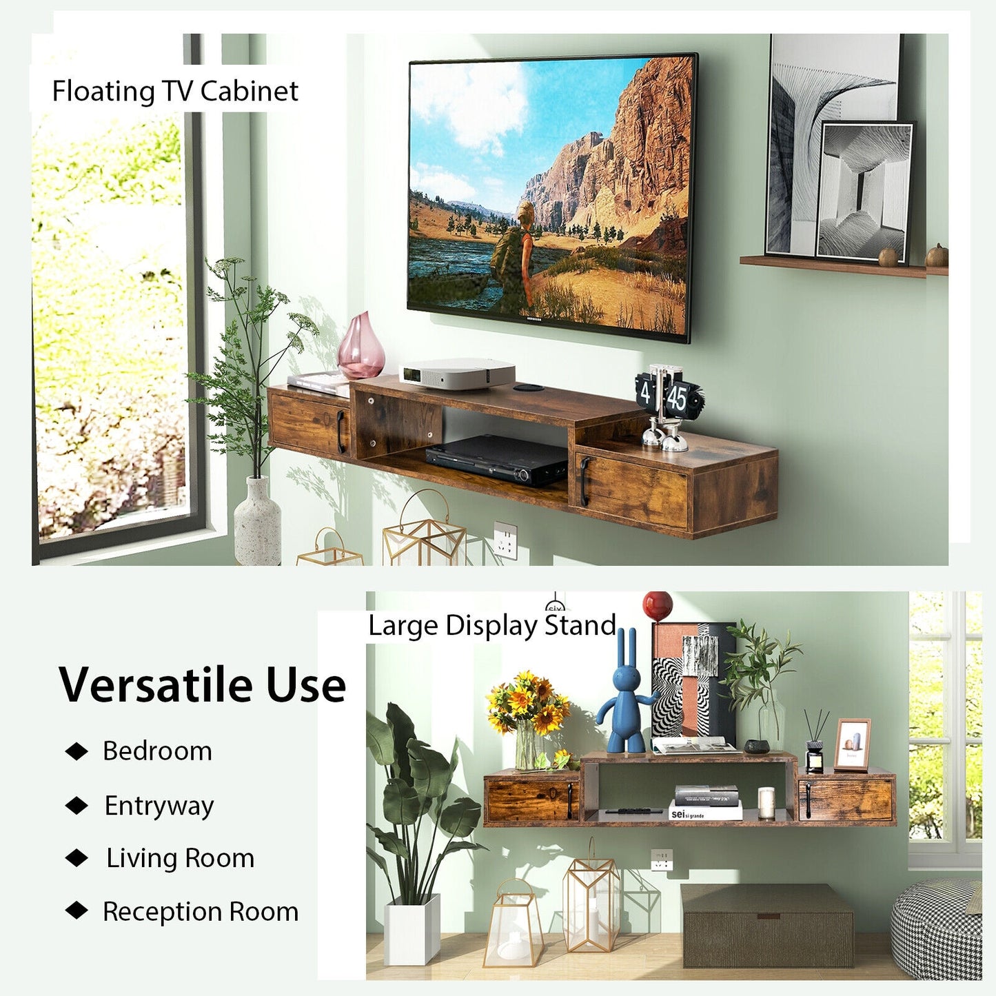 55 Inch Wall Mounted Floating TV Stand with Power Outlet for TVs up to 65 Inch in Rustic Brown