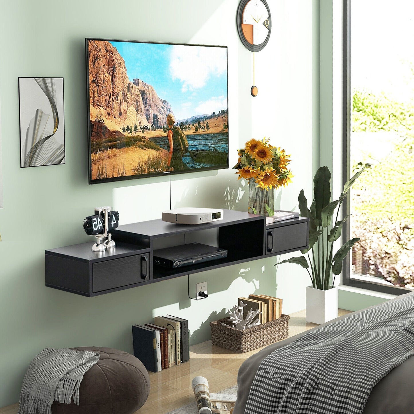 55 Inch Wall Mounted Floating TV Stand with Power Outlet for TVs up to 65 Inch in Black