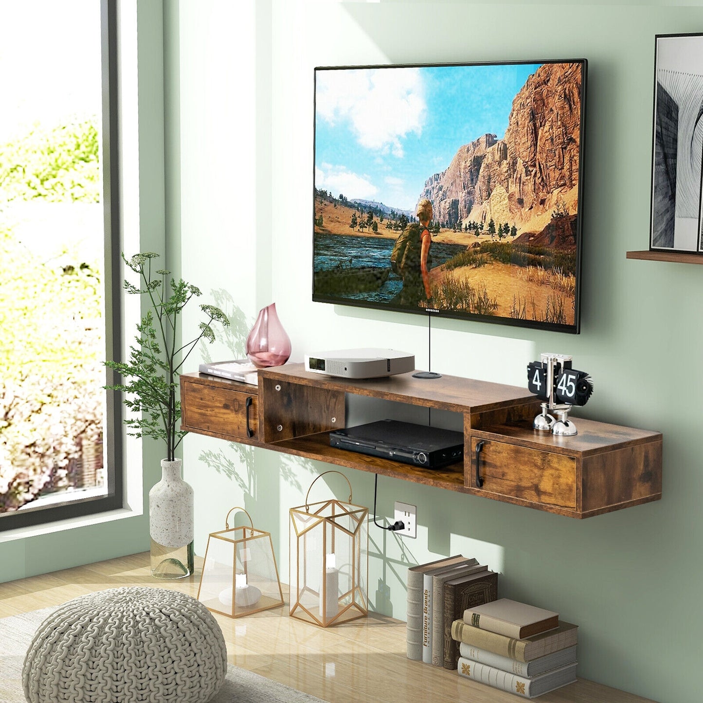 55 Inch Wall Mounted Floating TV Stand with Power Outlet for TVs up to 65 Inch in Rustic Brown