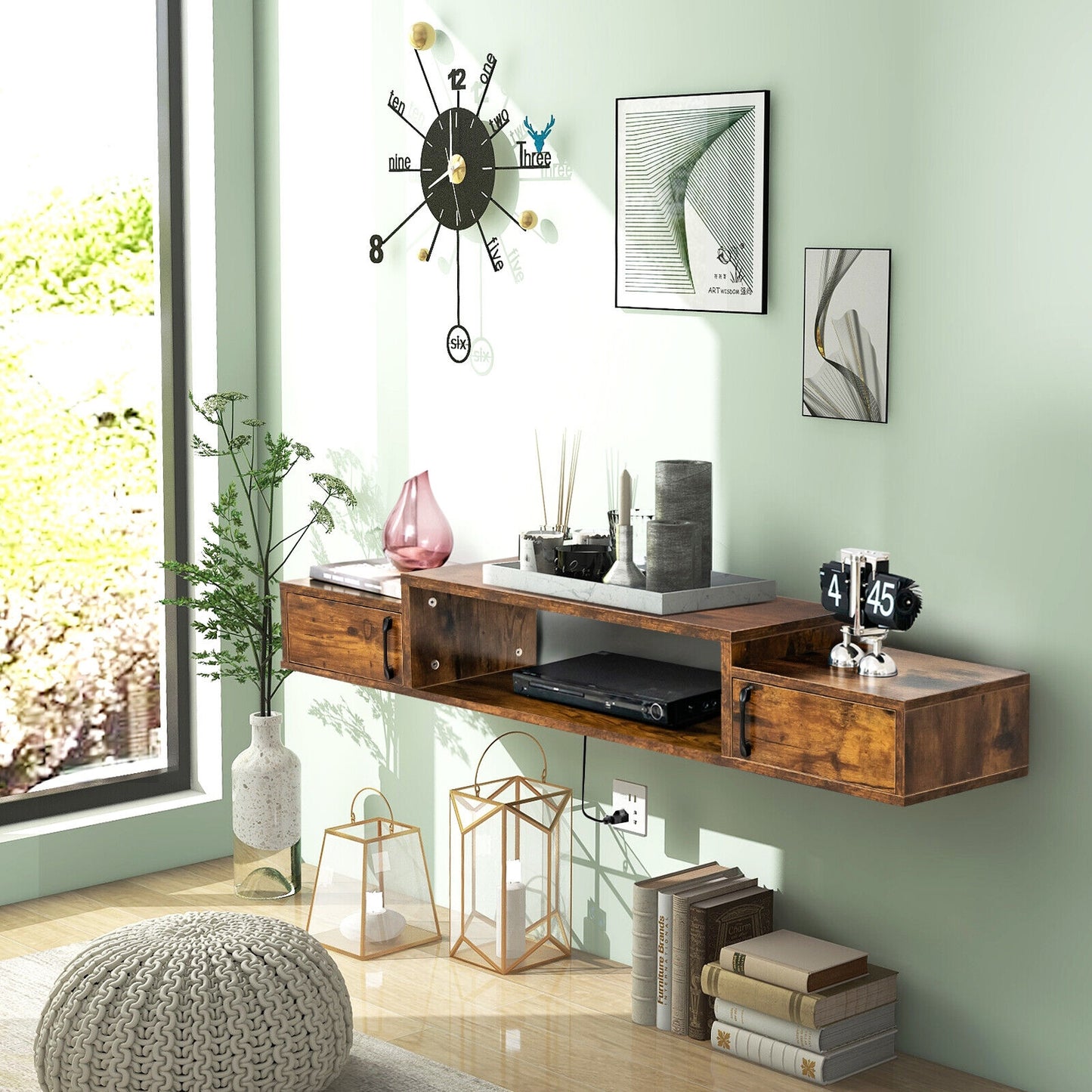 55 Inch Wall Mounted Floating TV Stand with Power Outlet for TVs up to 65 Inch in Rustic Brown