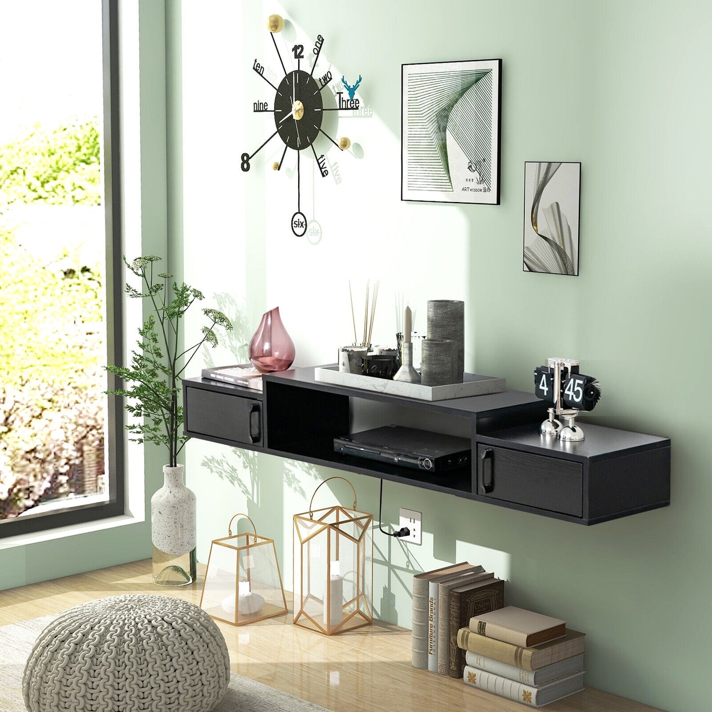 55 Inch Wall Mounted Floating TV Stand with Power Outlet for TVs up to 65 Inch in Black
