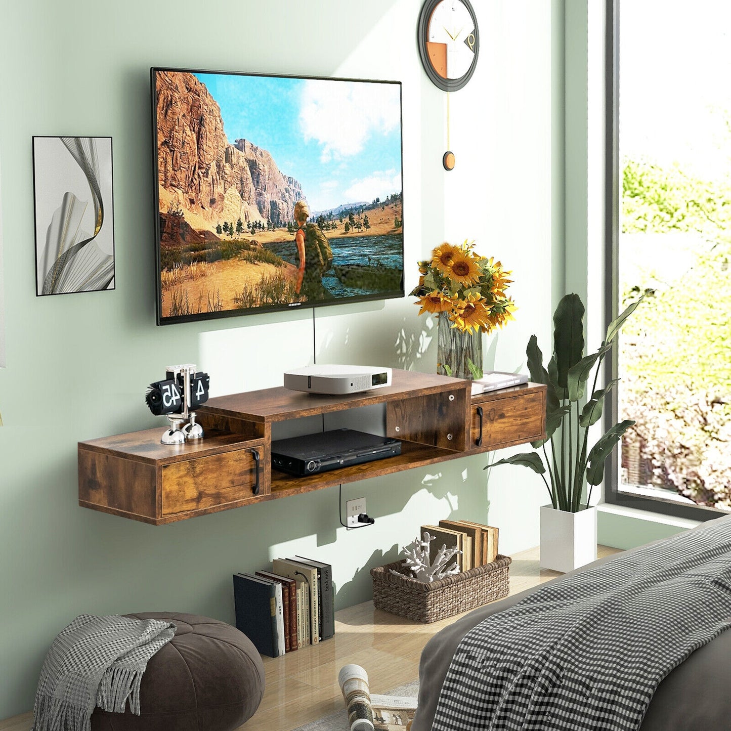 55 Inch Wall Mounted Floating TV Stand with Power Outlet for TVs up to 65 Inch in Rustic Brown