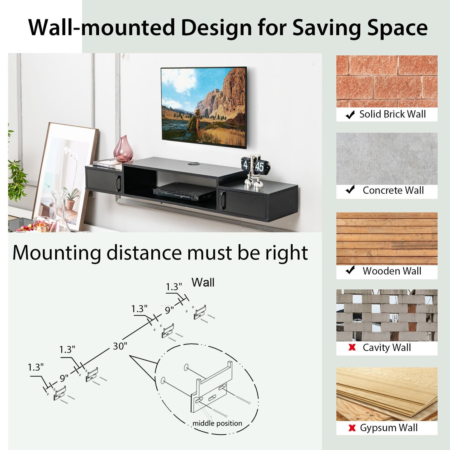 55 Inch Wall Mounted Floating TV Stand with Power Outlet for TVs up to 65 Inch in Black