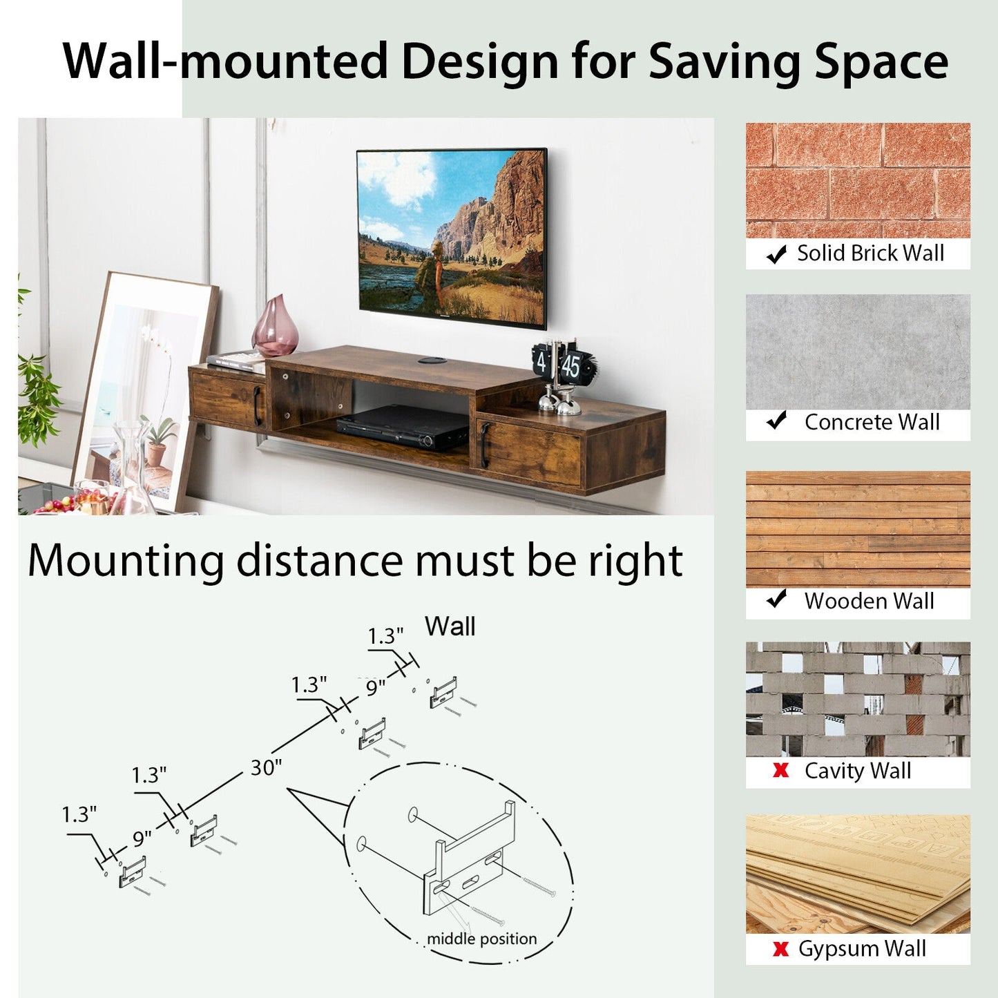 55 Inch Wall Mounted Floating TV Stand with Power Outlet for TVs up to 65 Inch in Rustic Brown