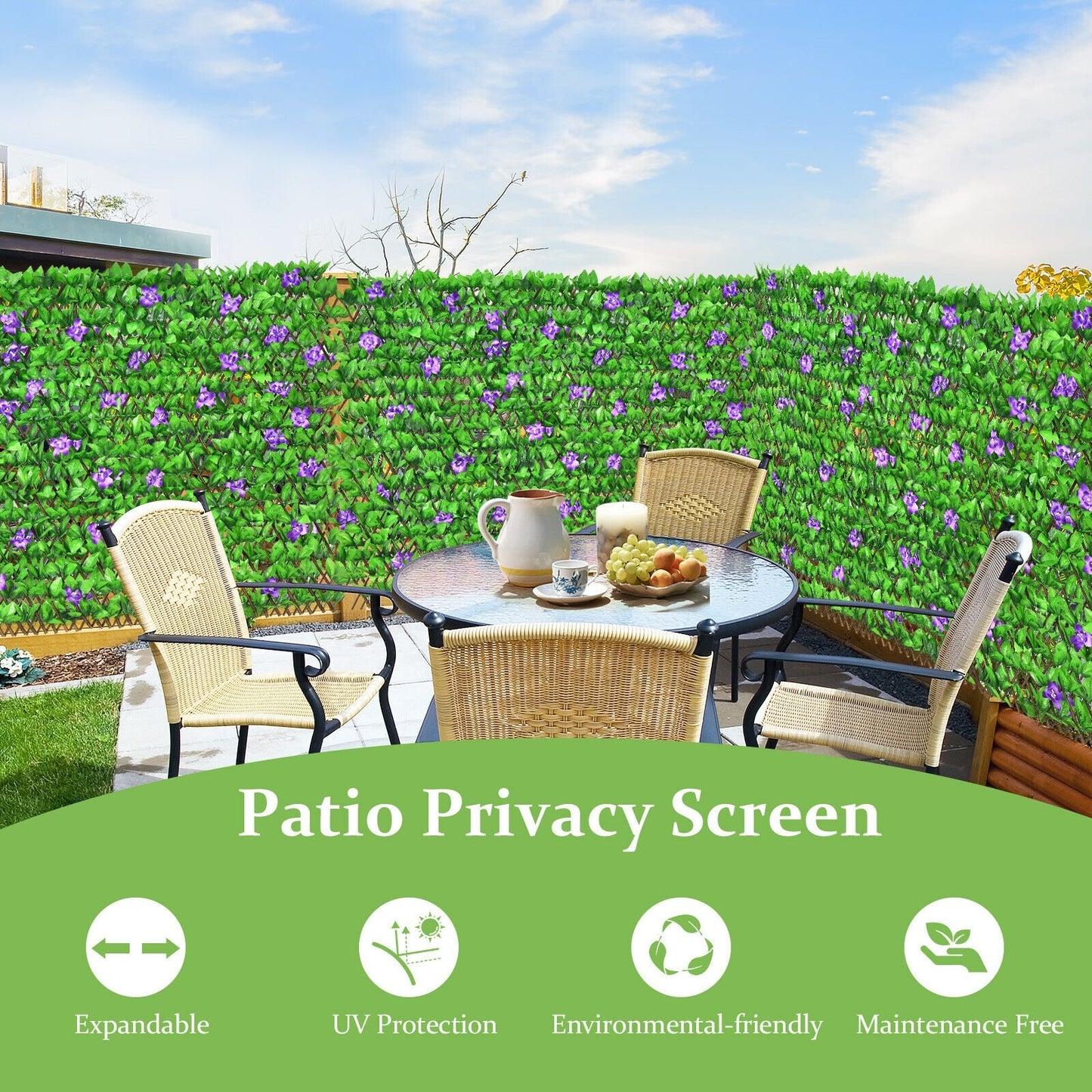 4 Piece Expandable Artificial Hedge Fence with Flowers – Privacy Screen for Indoor & Outdoor Use